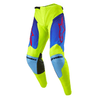 Alpinestars Pantaloni Racer Hoen 2024, pantaloni da motocross, giallo fluo e blu night navy, con loghi a stella rossi sulle cosce, pannelli azzurri sulle ginocchia con rinforzi interni in pelle nera, costruzione sportiva pre-curvata per corse fuoristrada