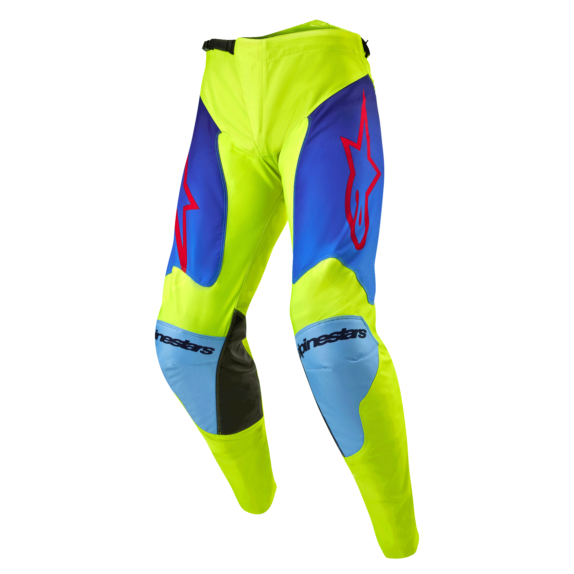 Alpinestars Pantaloni Racer Hoen 2024, pantaloni da motocross, giallo fluo e blu night navy, con loghi a stella rossi sulle cosce, pannelli azzurri sulle ginocchia con rinforzi interni in pelle nera, costruzione sportiva pre-curvata per corse fuoristrada