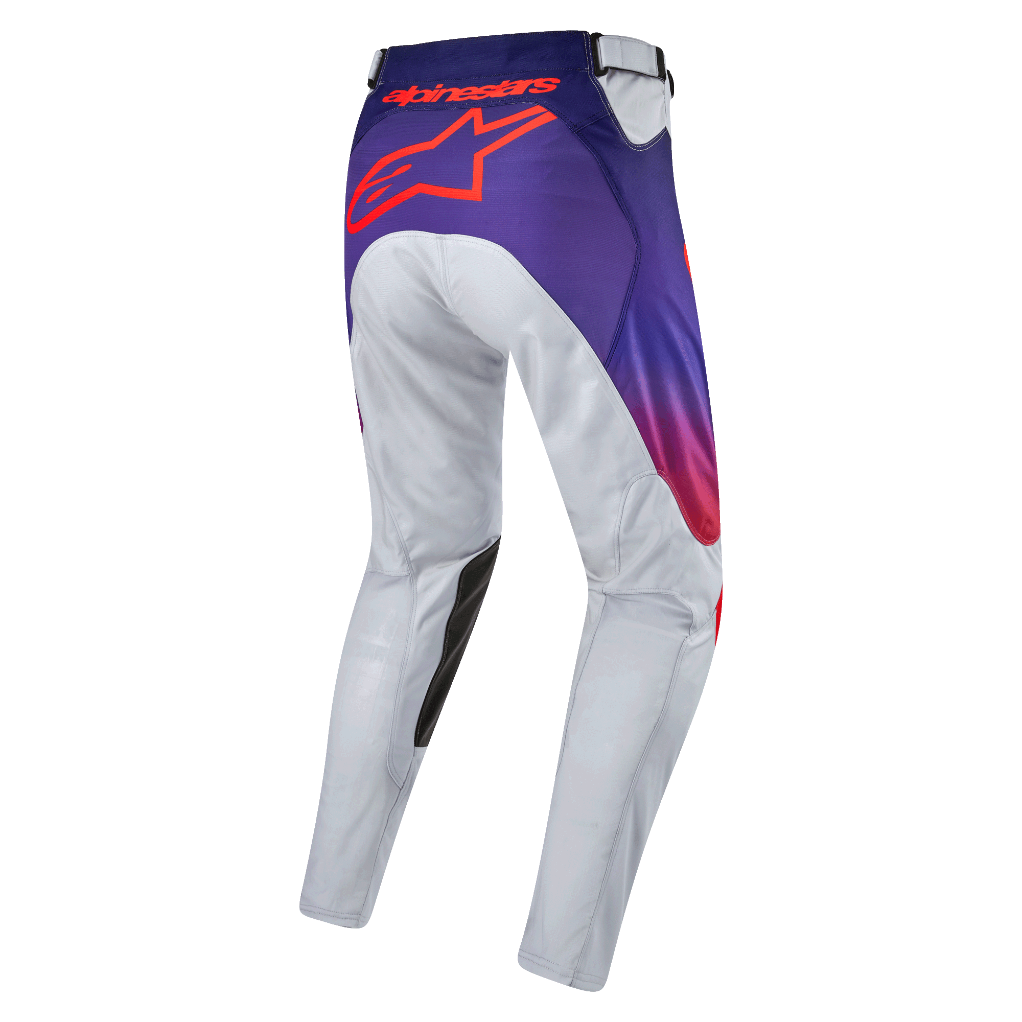 Alpinestars 2024 Racer Hoen Pants, pantaloni da motocross, grigio chiaro con accenti arancione acceso e viola, vista posteriore con logo a stella e scritte Alpinestars, design tecnico per fuoristrada