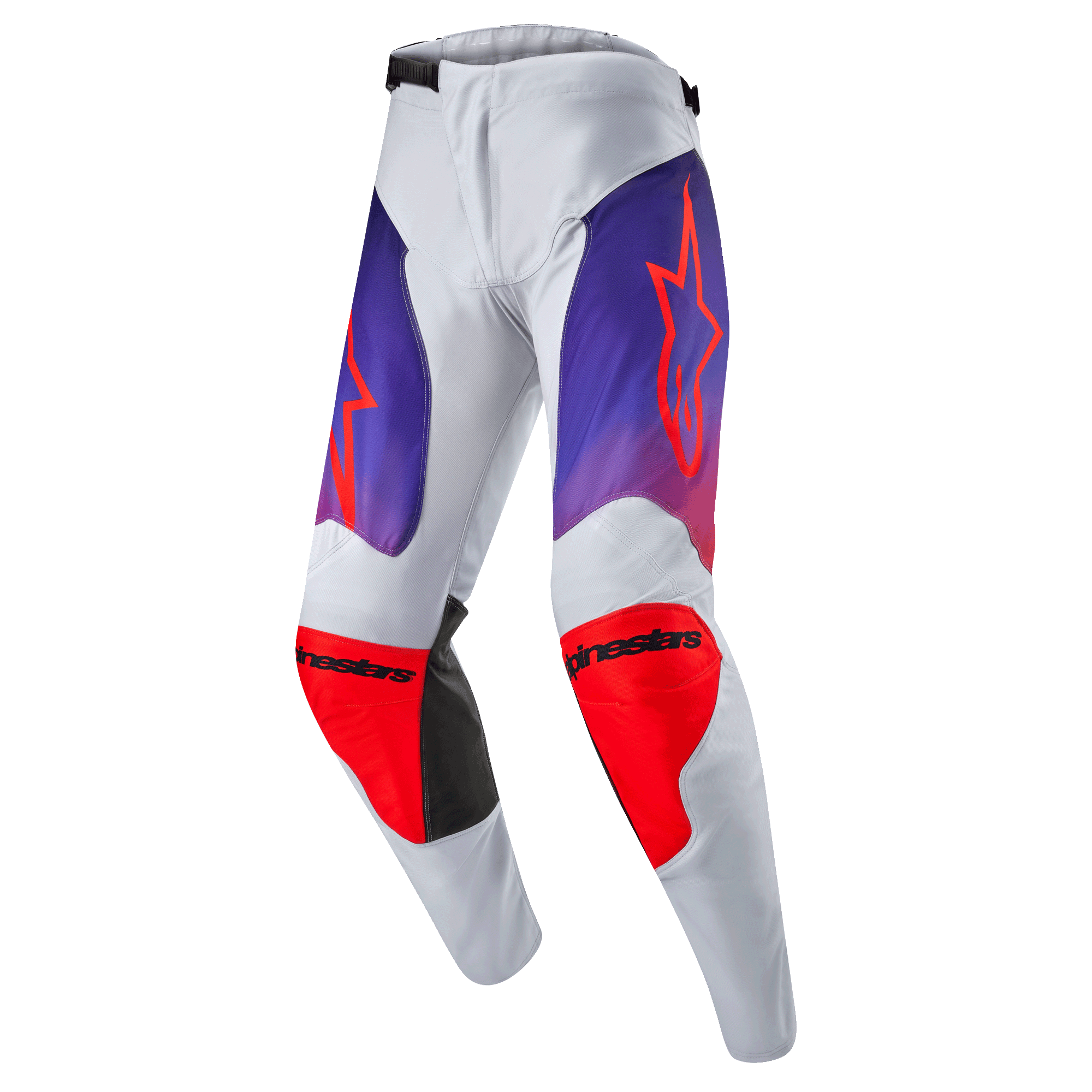 Alpinestars 2024 Racer Hoen Pants, pantaloni da motocross, grigio chiaro con pannelli viola e arancione acceso, logo a stella arancione, scritte Alpinestars sulle ginocchia, equipaggiamento protettivo per fuoristrada