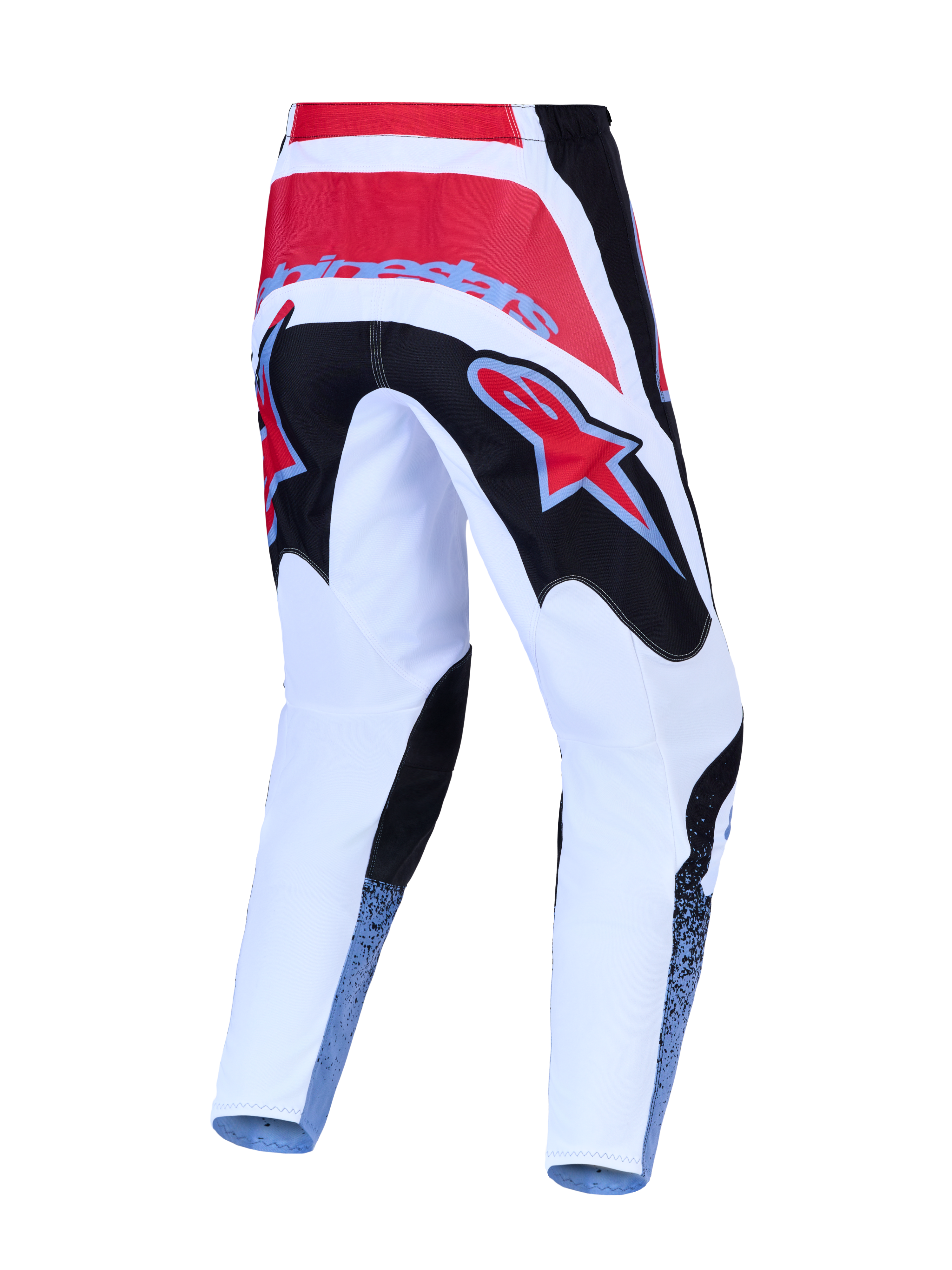 Alpinestars Pantaloni Fluid Drag, pantaloni da motocross rossi, bianchi e neri, vista posteriore, in poliestere 600D.