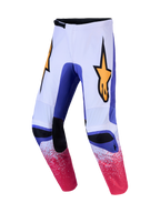 Alpinestars Pantaloni Fluid Drag, pantaloni da motocross da uomo, lilla e blu con loghi oro, costruzione pre-curvata per off-road