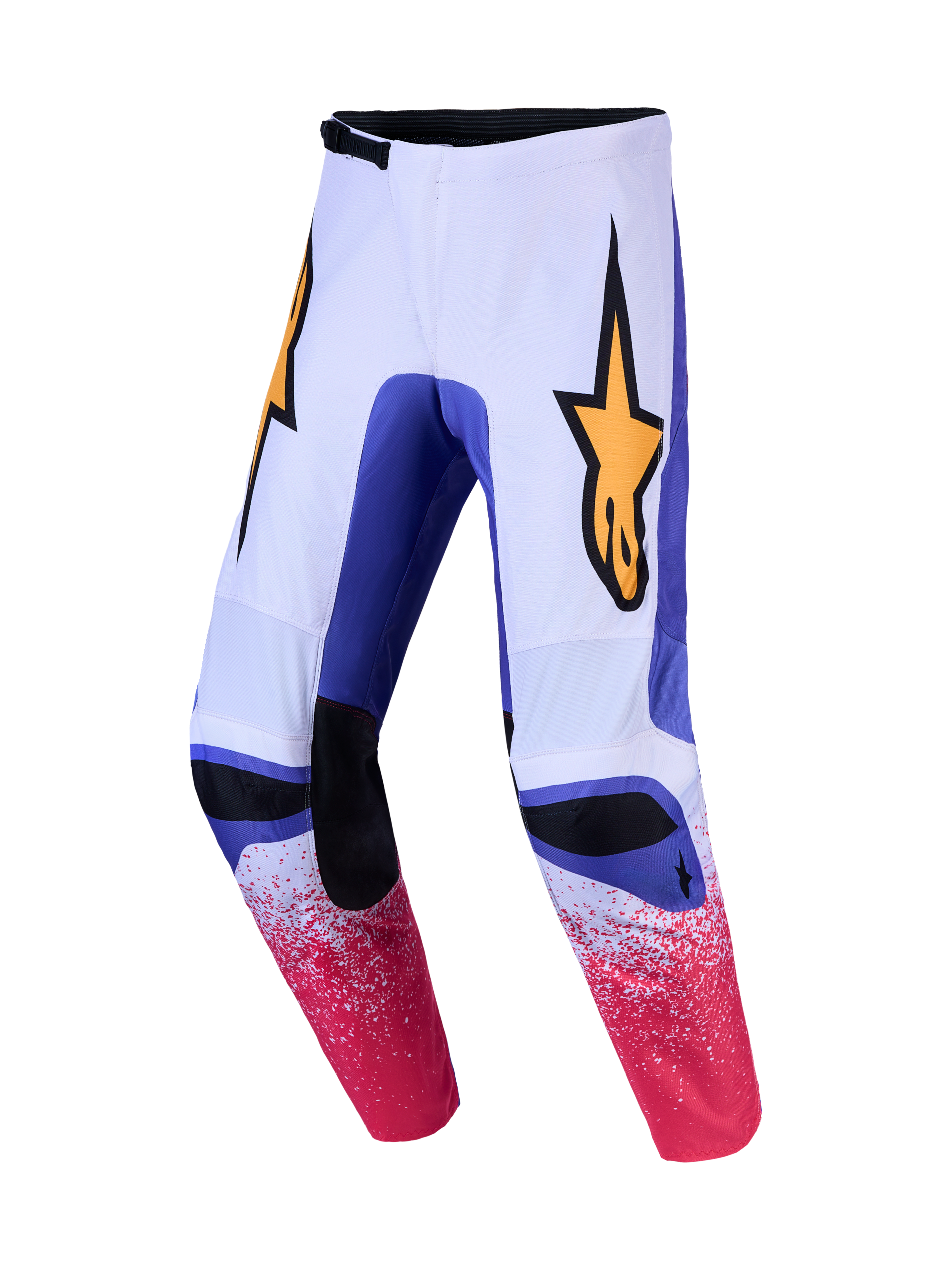 Alpinestars Pantaloni Fluid Drag, pantaloni da motocross da uomo, lilla e blu con loghi oro, costruzione pre-curvata per off-road
