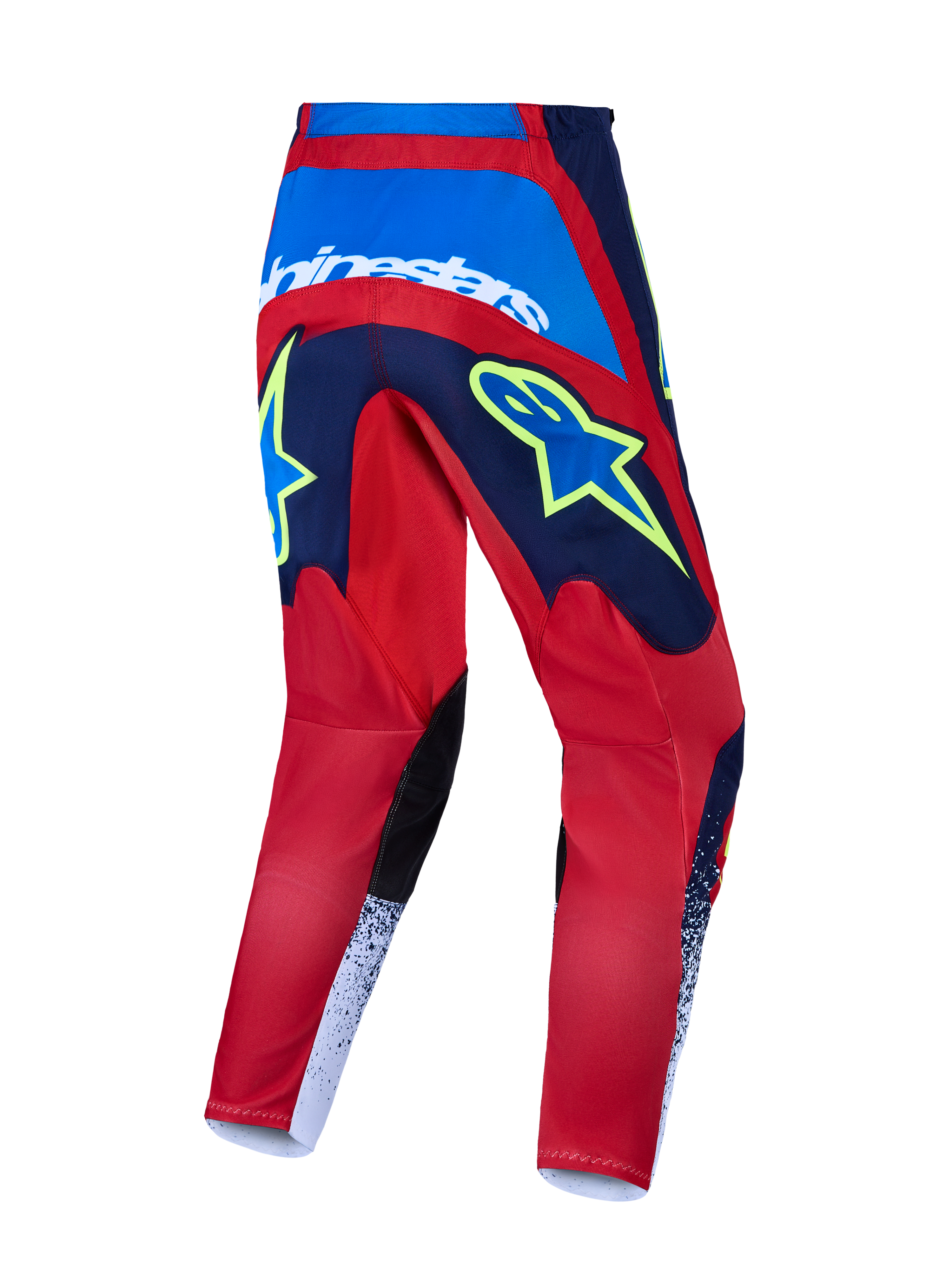 Alpinestars Pantaloni Fluid Drag, pantaloni da motocross, rosso e blu con grafiche gialle, vista posteriore con seduta rinforzata, abbigliamento tecnico da fuoristrada