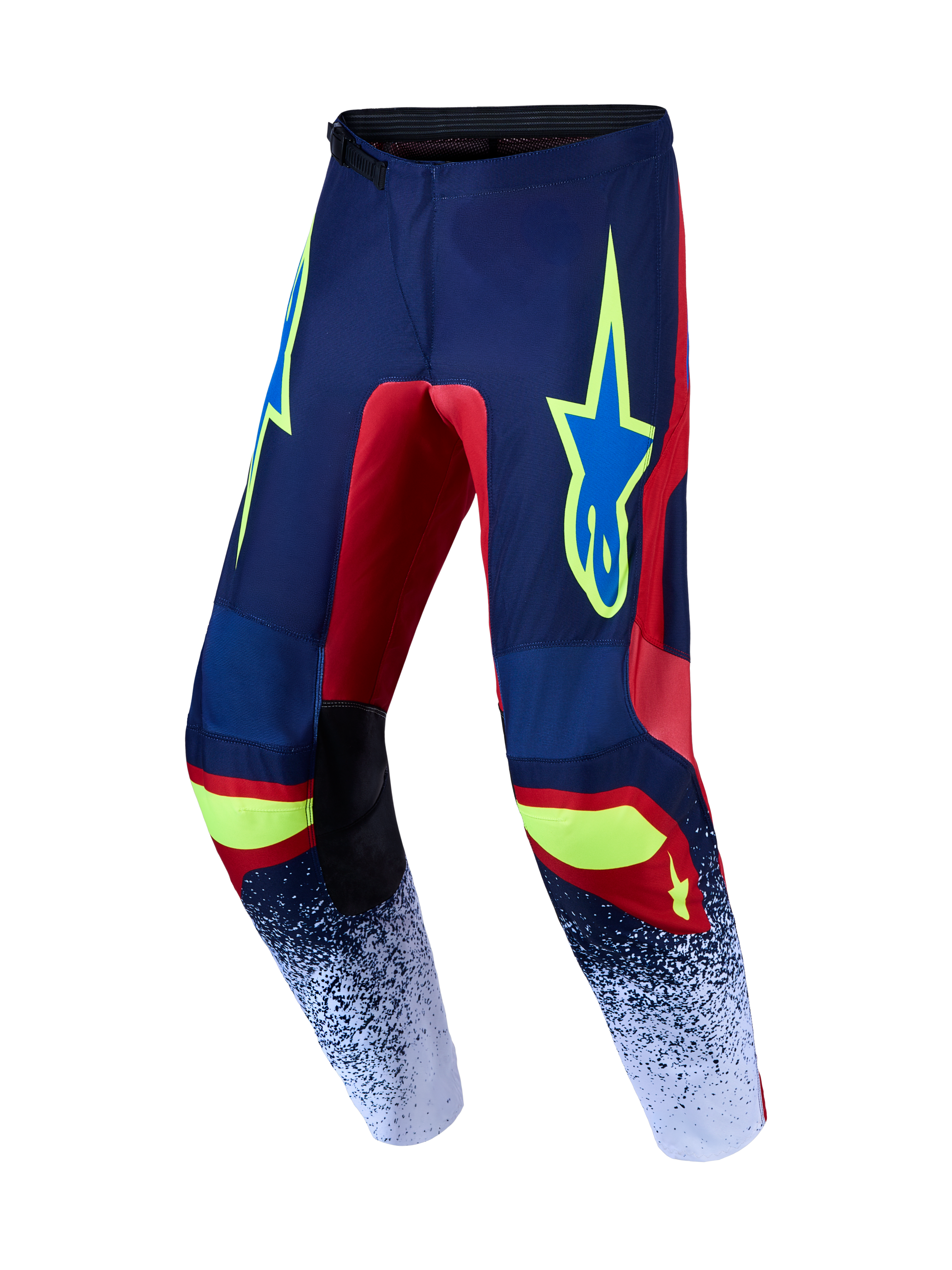 Alpinestars Pantaloni Fluid Drag 2027, pantaloni da motocross blu navy e rossi con dettagli giallo neon, in tessuto sintetico protettivo per off-road