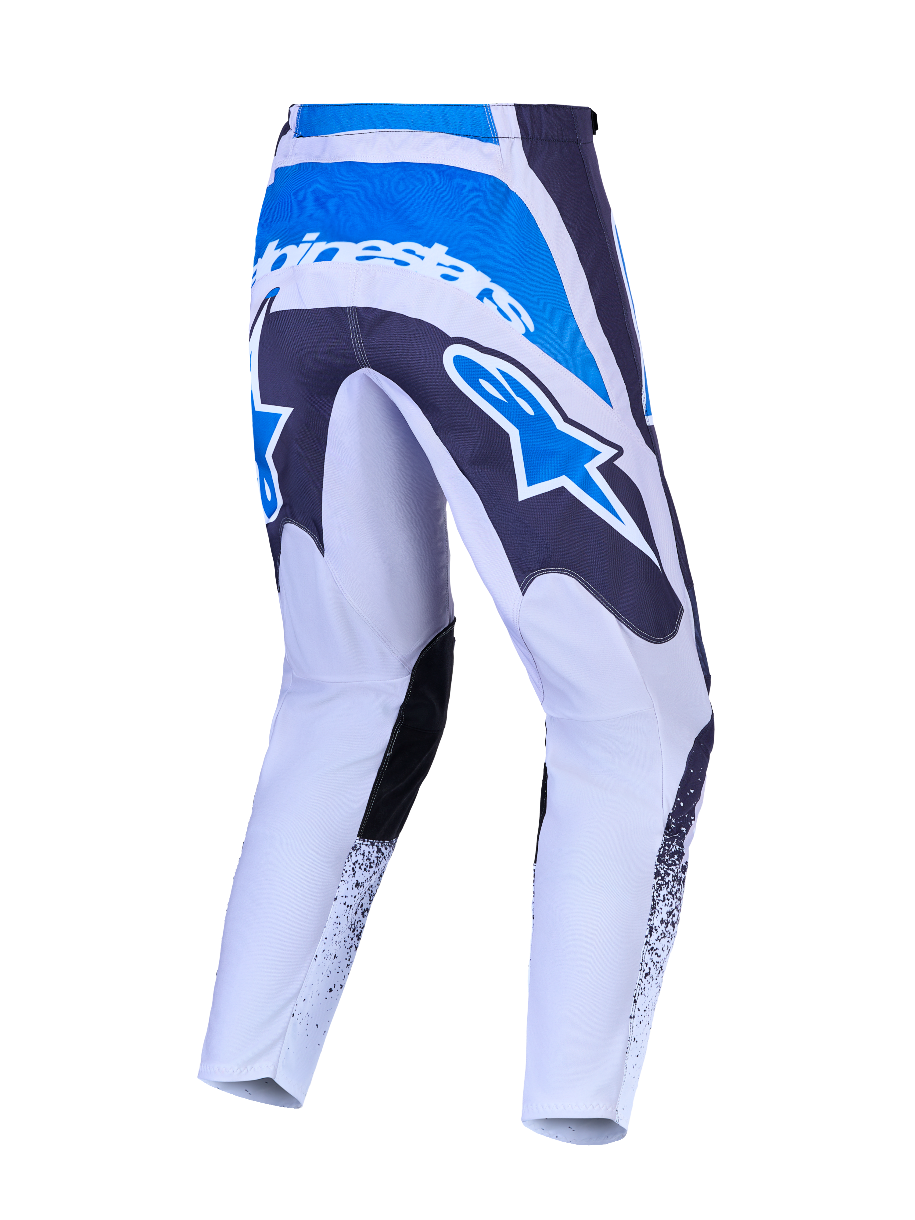 Alpinestars Pantaloni Fluid Drag, pantaloni motocross da uomo grigi e blu con seduta rinforzata e logo a stella posteriore.