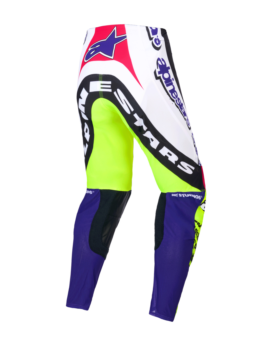 Alpinestars Pantaloni Supertech Dirt Studios Edizione Limitata, pantaloni da motocross, bianco, viola e giallo fluo, struttura in tessuto elasticizzato rip-stop con inserti in pelle sulle ginocchia, vista posteriore con grafiche del marchio
