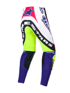 Alpinestars Pantaloni Supertech Dirt Studios Edizione Limitata, pantaloni da motocross, bianco, viola e giallo fluo, struttura in tessuto elasticizzato rip-stop con inserti in pelle sulle ginocchia, vista posteriore con grafiche del marchio