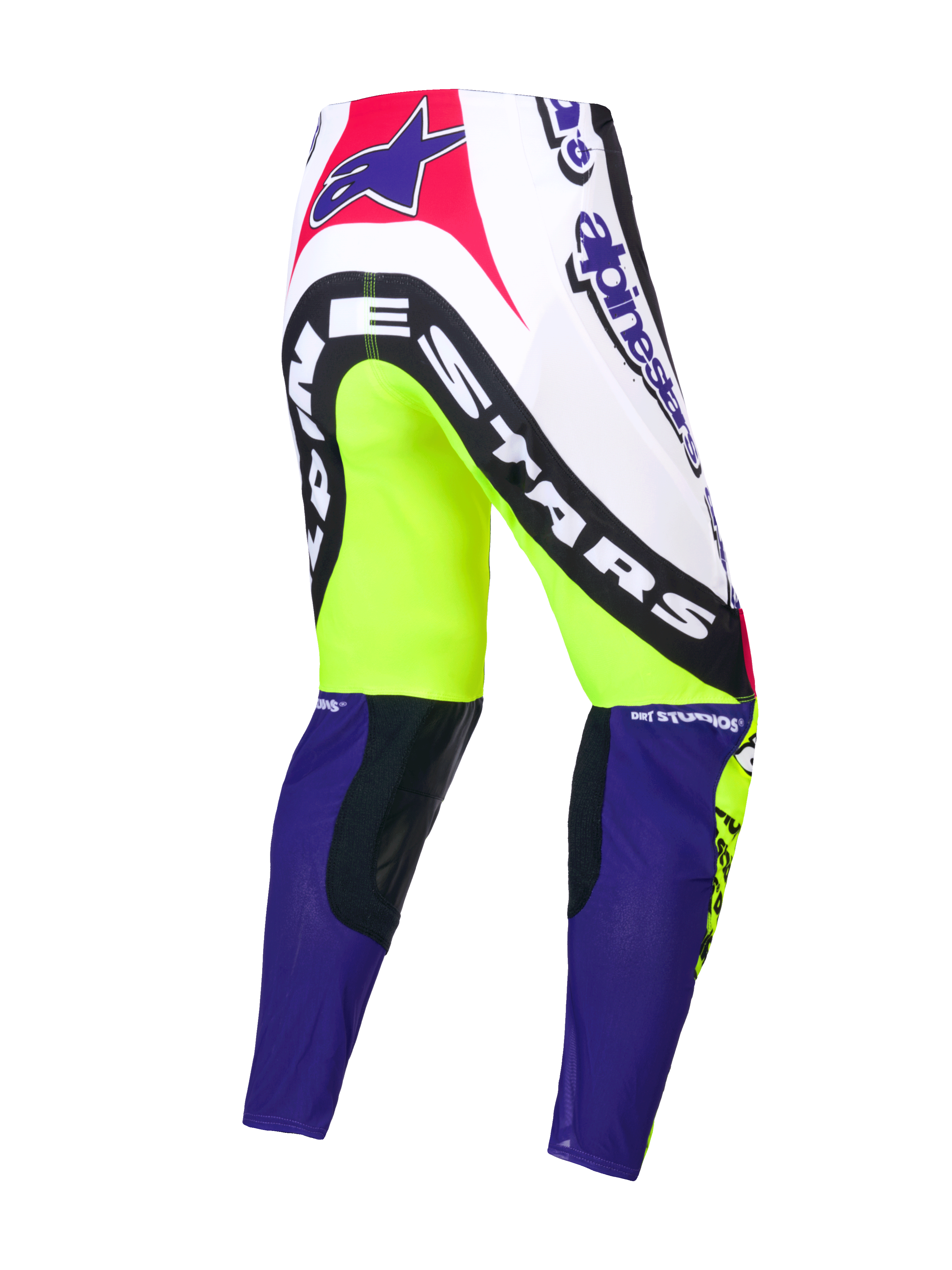 Alpinestars Pantaloni Supertech Dirt Studios Edizione Limitata, pantaloni da motocross, bianco, viola e giallo fluo, struttura in tessuto elasticizzato rip-stop con inserti in pelle sulle ginocchia, vista posteriore con grafiche del marchio