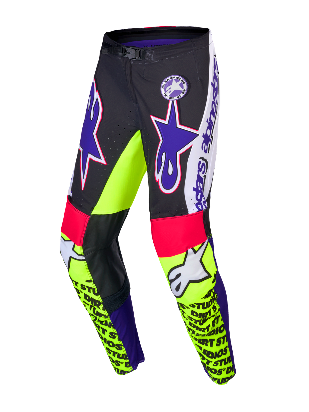 Alpinestars Pantaloni Supertech Dirt Studios Edizione Limitata, pantaloni da motocross, bianco, viola e giallo fluo, con inserti in pelle sulle ginocchia e tessuto elasticizzato