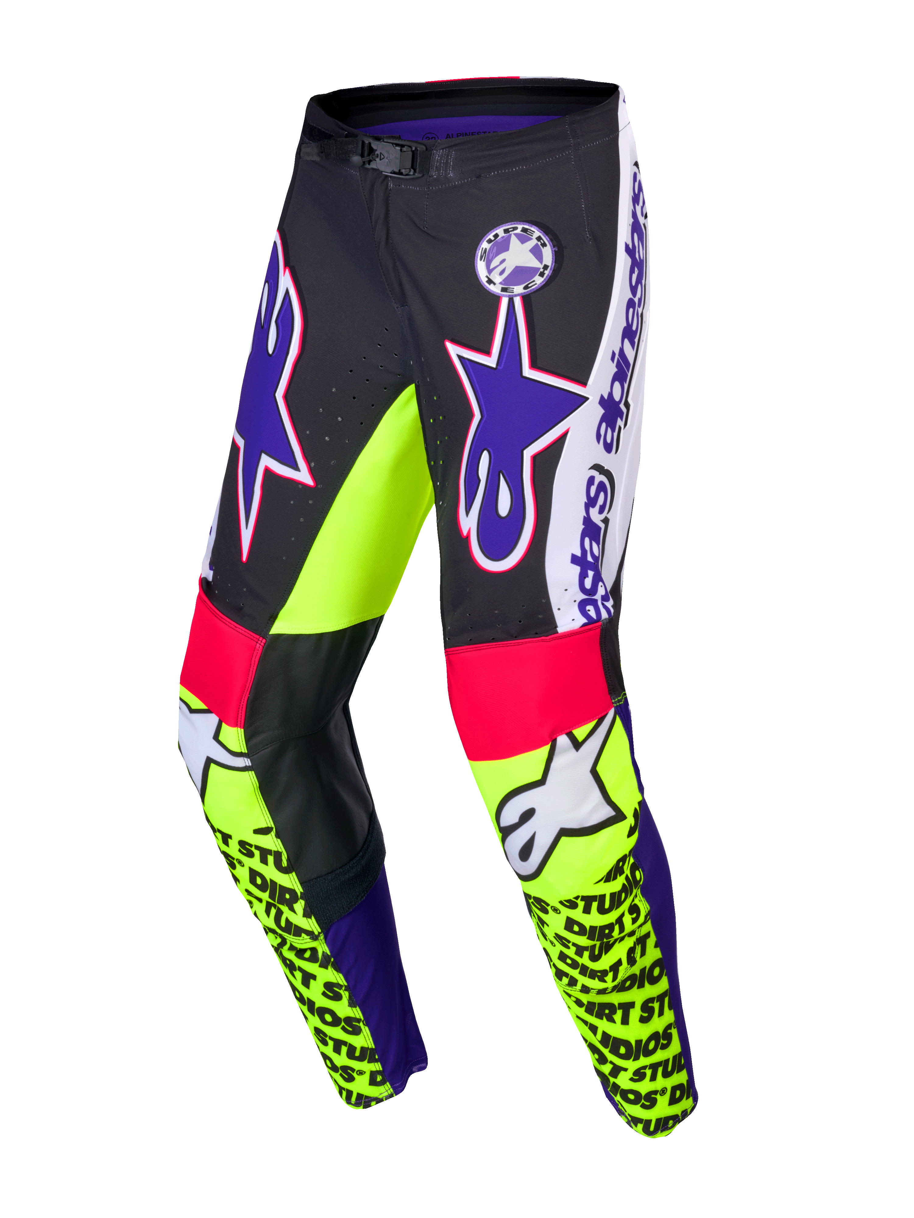 Alpinestars Pantaloni Supertech Dirt Studios Edizione Limitata, pantaloni da motocross, bianco, viola e giallo fluo, con inserti in pelle sulle ginocchia e tessuto elasticizzato