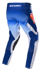 Pantaloni Alpinestars Racer Semi 2023, pantaloni da motocross, Blue Hot Orange, vista posteriore con pannelli blu sfumato e bianchi, logo Alpinestars arancione acceso sull'anca, rinforzi interni in pelle nera, design tecnico per gare fuoristrada