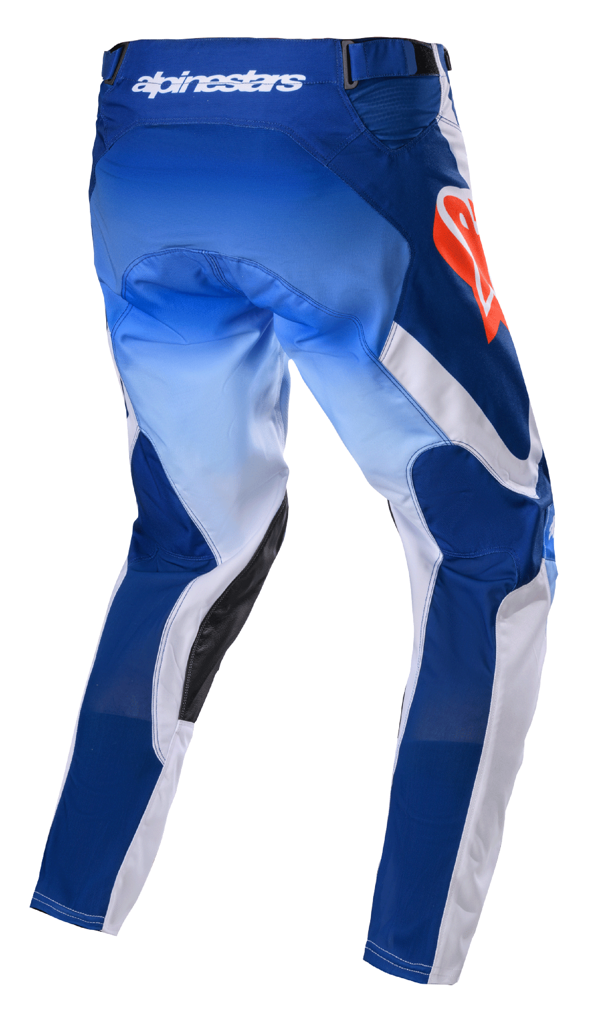 Pantaloni Alpinestars Racer Semi 2023, pantaloni da motocross, Blue Hot Orange, vista posteriore con pannelli blu sfumato e bianchi, logo Alpinestars arancione acceso sull'anca, rinforzi interni in pelle nera, design tecnico per gare fuoristrada