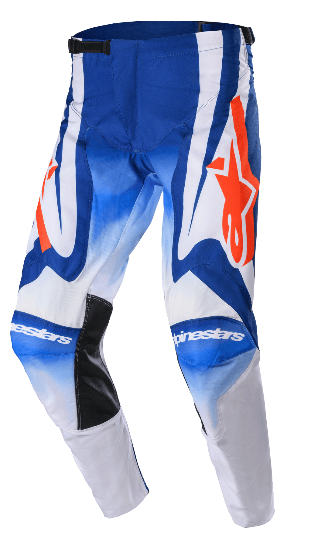 Alpinestars 2023 Racer Semi Pants, pantaloni da motocross, blu, bianco e arancione acceso, con grandi loghi a stella arancioni, pannelli interni alle ginocchia neri resistenti al calore e design ergonomico pre-curvato per prestazioni fuoristrada