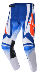 Alpinestars 2023 Racer Semi Pants, pantaloni da motocross, blu, bianco e arancione acceso, con grandi loghi a stella arancioni, pannelli interni alle ginocchia neri resistenti al calore e design ergonomico pre-curvato per prestazioni fuoristrada