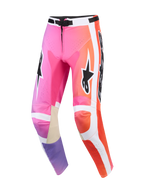 Alpinestars 2026 Racer Air Portl Pants, pantaloni da motocross, multicolore rosa, arancione e viola, con pannelli laterali bianchi, loghi Alpinestars neri, zone perforate per la ventilazione e rinforzi interni sulle ginocchia in pelle color cuoio.