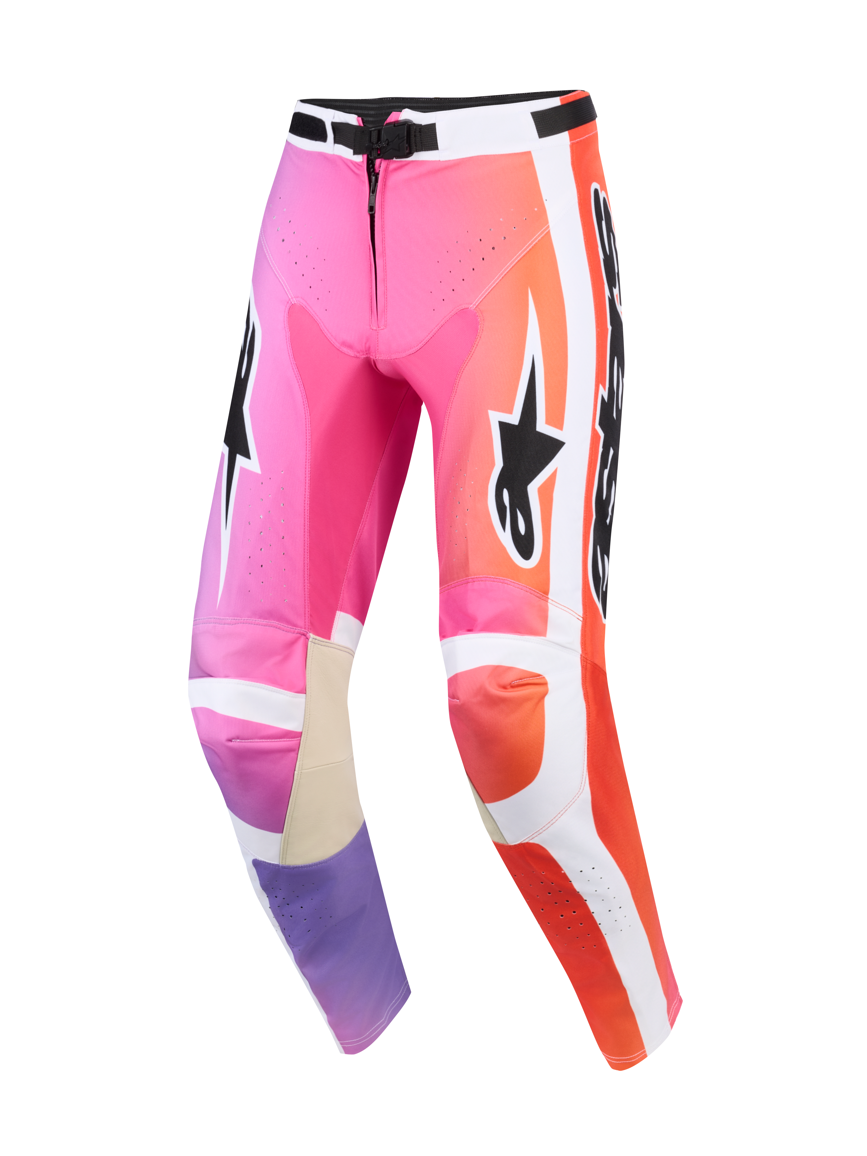 Alpinestars 2026 Racer Air Portl Pants, pantaloni da motocross, multicolore rosa, arancione e viola, con pannelli laterali bianchi, loghi Alpinestars neri, zone perforate per la ventilazione e rinforzi interni sulle ginocchia in pelle color cuoio.