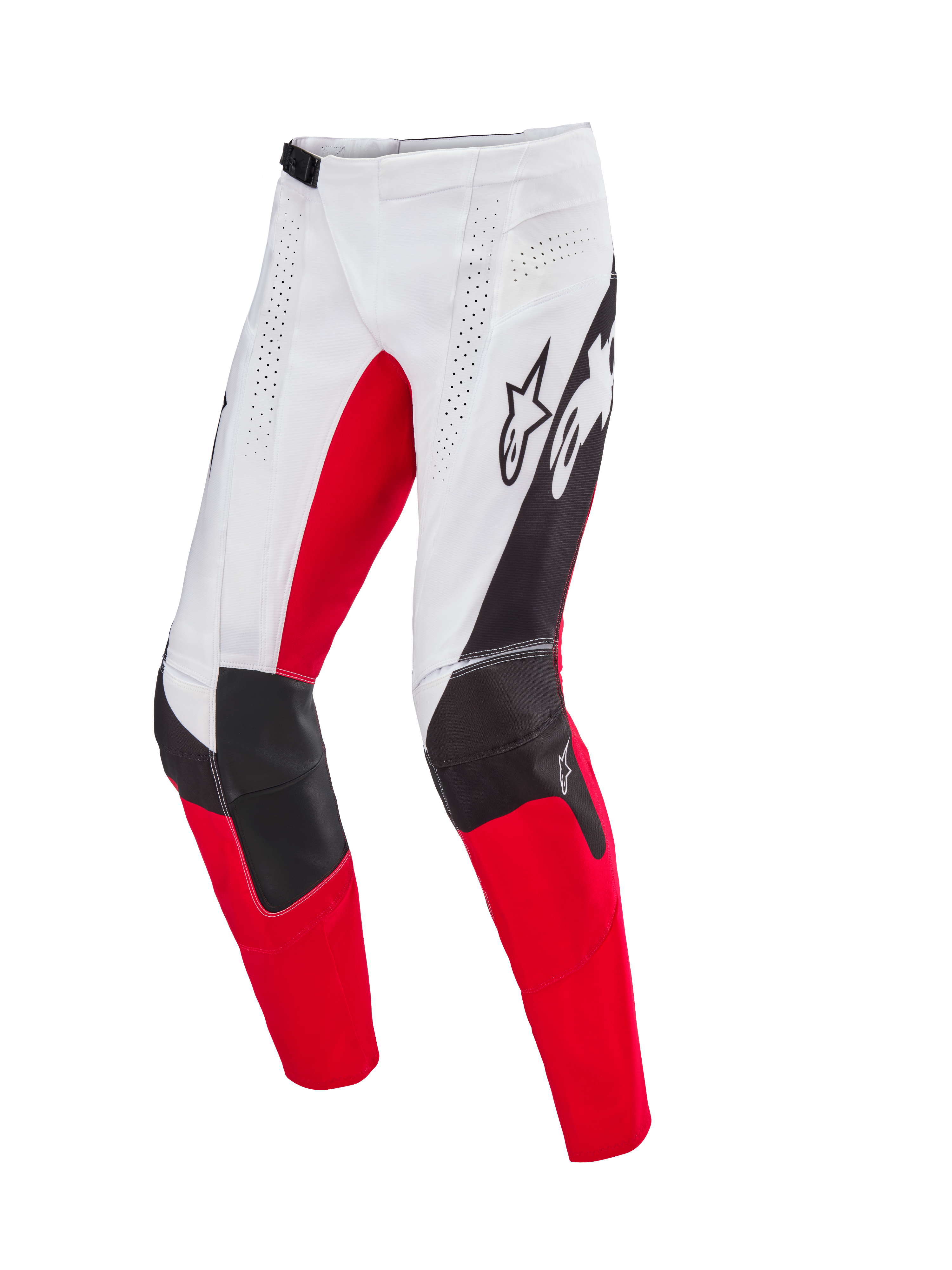Alpinestars Limited Edition Techstar Deep Pants, pantaloni da motocross, bianco, nero e rosso acceso, con ventilazione traforata al laser, costruzione del ginocchio 3D Babel con pannelli rinforzati e vistoso logo Alpinestars sulle cosce, progettati per prestazioni off-road professionali