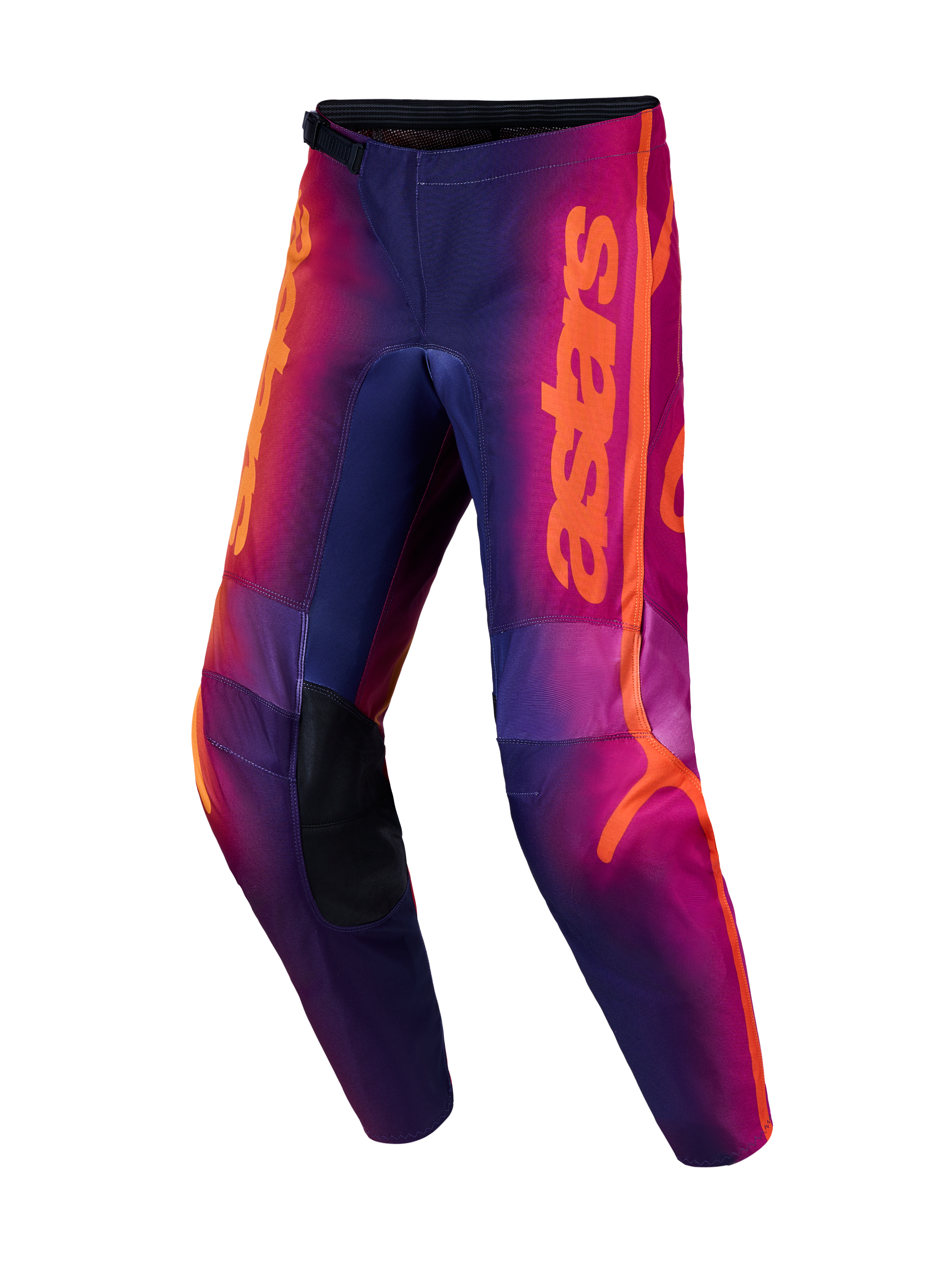 Alpinestars pantaloni Fluid Kepler, pantaloni da motocross da uomo viola e arancione con ginocchia rinforzate e design 3D.