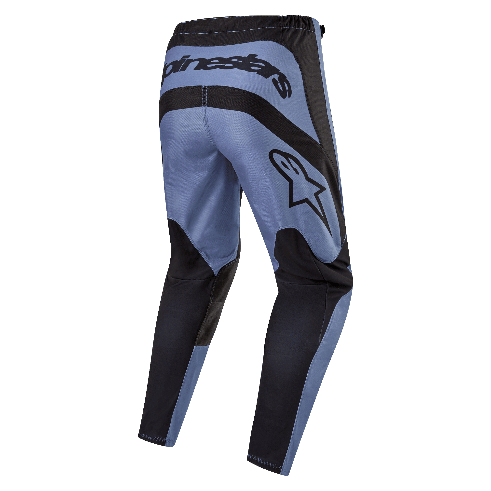 Alpinestars 2024 Fluid Lurv Pants, pantaloni da motocross, azzurro e nero, vista posteriore con vistoso marchio Alpinestars sul retro e sul fianco, pannelli rinforzati neri su seduta e interno gamba, design ergonomico pre-curvato per prestazioni fuoristrada