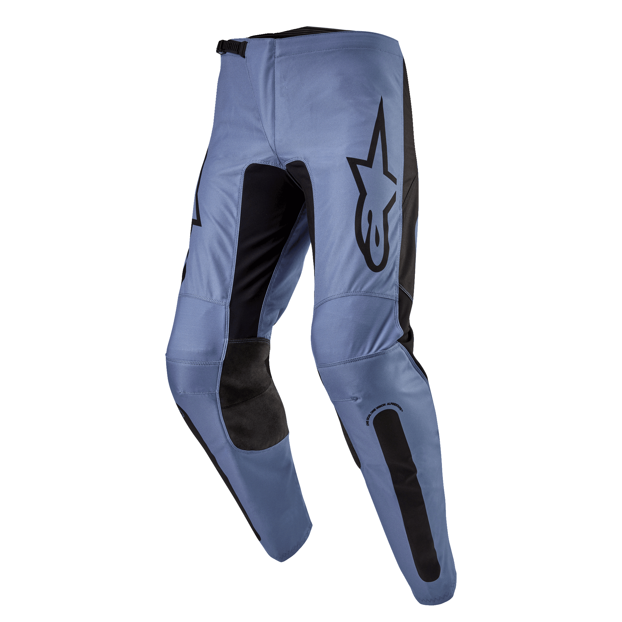 Alpinestars 2024 Fluid Lurv Pants, pantaloni da motocross, azzurro e nero, con un grande logo Alpinestars nero sulla coscia, pannelli interni delle ginocchia rinforzati neri e design ergonomico della gamba pre-curvato per la guida fuoristrada.