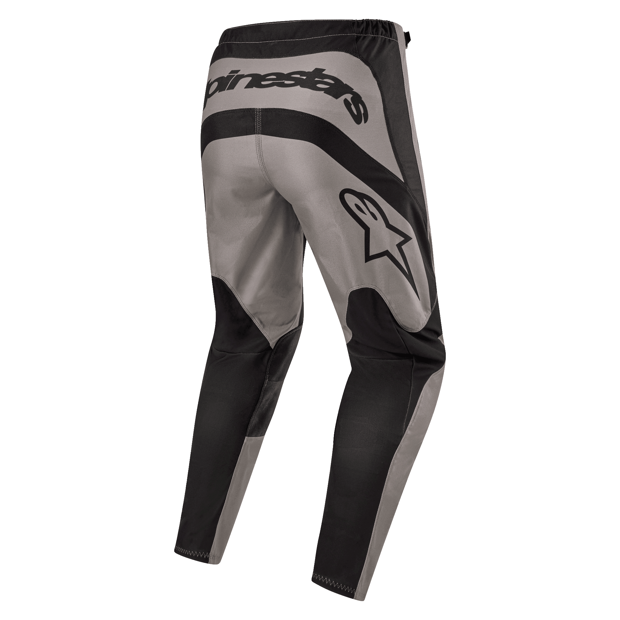 Pantaloni Alpinestars Fluid Lurv 2024, pantaloni da motocross, Mud Black, vista posteriore con logo Alpinestars sul retro e logo a stella sulla coscia destra, design a pannelli grigi e neri in resistente poli-tessuto 600D per la guida fuoristrada