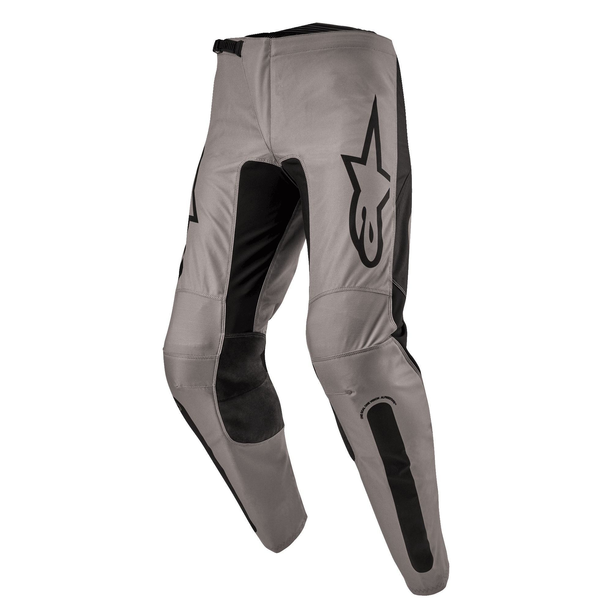 Pantaloni Alpinestars Fluid Lurv 2024, pantaloni da motocross, Mud Black, caratterizzati da un telaio principale grigio-beige con pannelli elastici neri sull'interno gamba e sulle ginocchia, prominente logo Alpinestars nero sulla coscia, design ergonomico pre-curvato per la guida fuoristrada