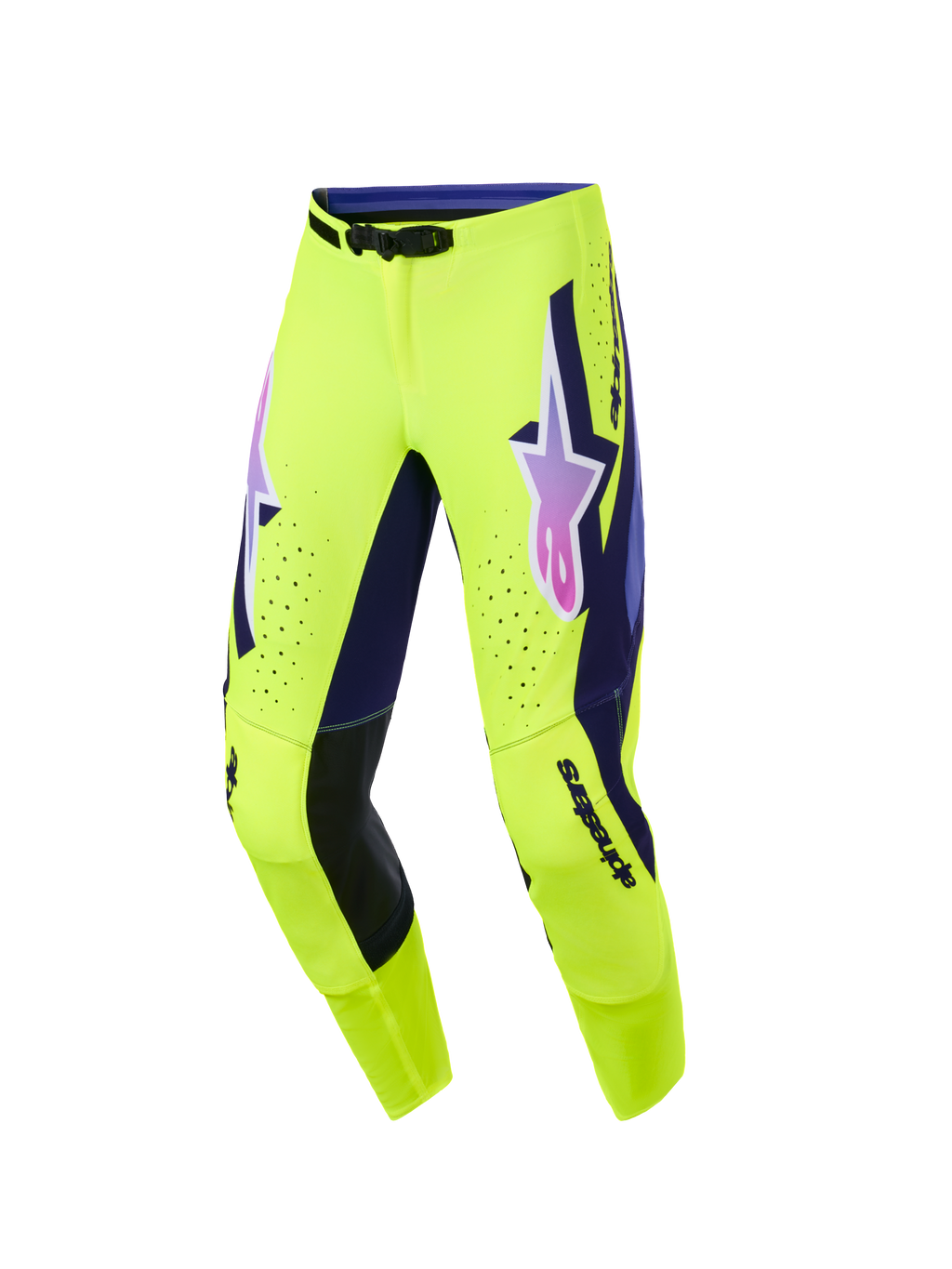 Alpinestars Supertech Vista 2026, pantaloni da motocross, giallo brillante con accenti viola e neri, logo con sfumatura rosa e viola sulle cosce, perforazioni laser per la ventilazione, design atletico race-fit per prestazioni fuoristrada