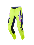 Alpinestars Supertech Vista 2026, pantaloni da motocross, giallo brillante con accenti viola e neri, logo con sfumatura rosa e viola sulle cosce, perforazioni laser per la ventilazione, design atletico race-fit per prestazioni fuoristrada