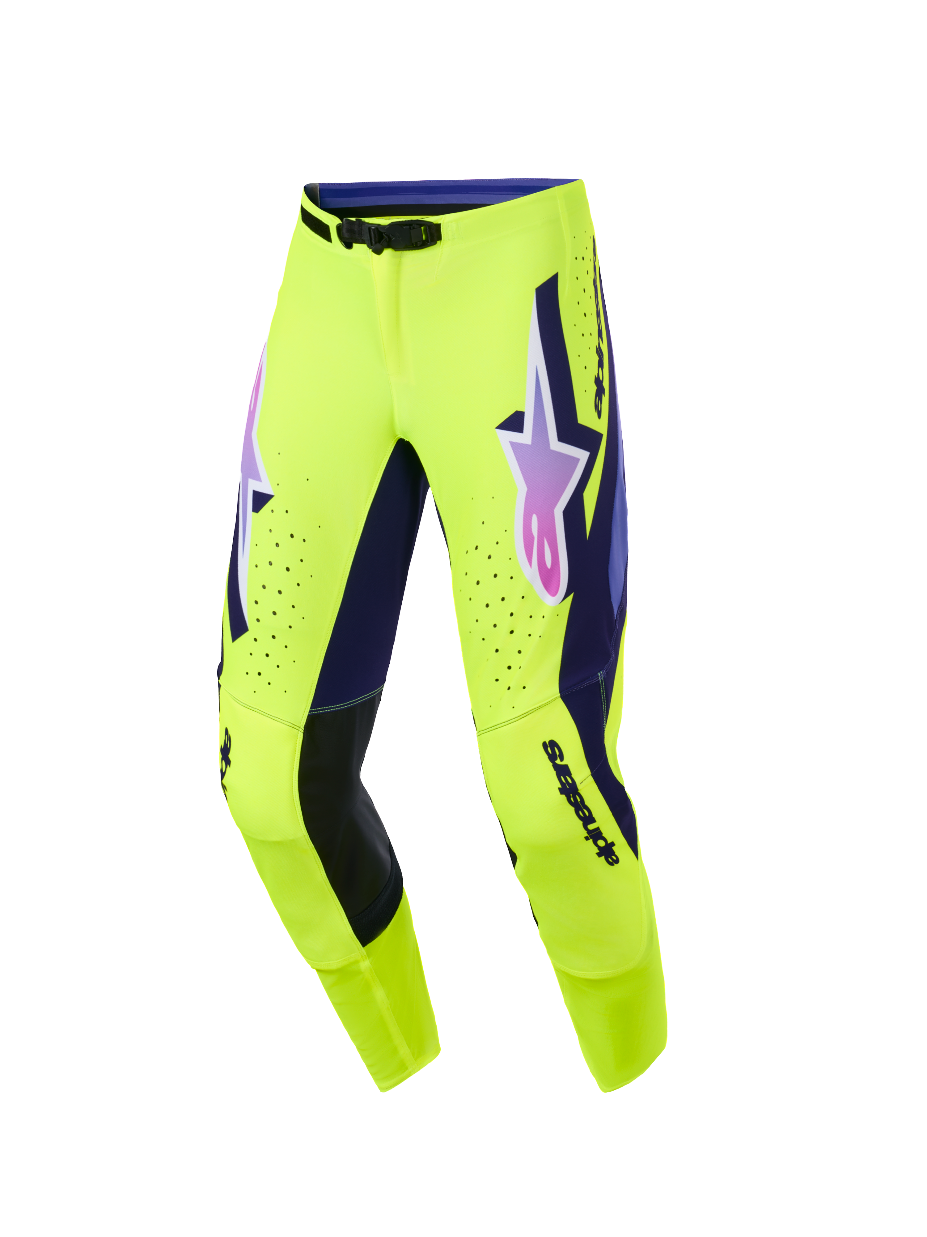 Alpinestars Supertech Vista 2026, pantaloni da motocross, giallo brillante con accenti viola e neri, logo con sfumatura rosa e viola sulle cosce, perforazioni laser per la ventilazione, design atletico race-fit per prestazioni fuoristrada