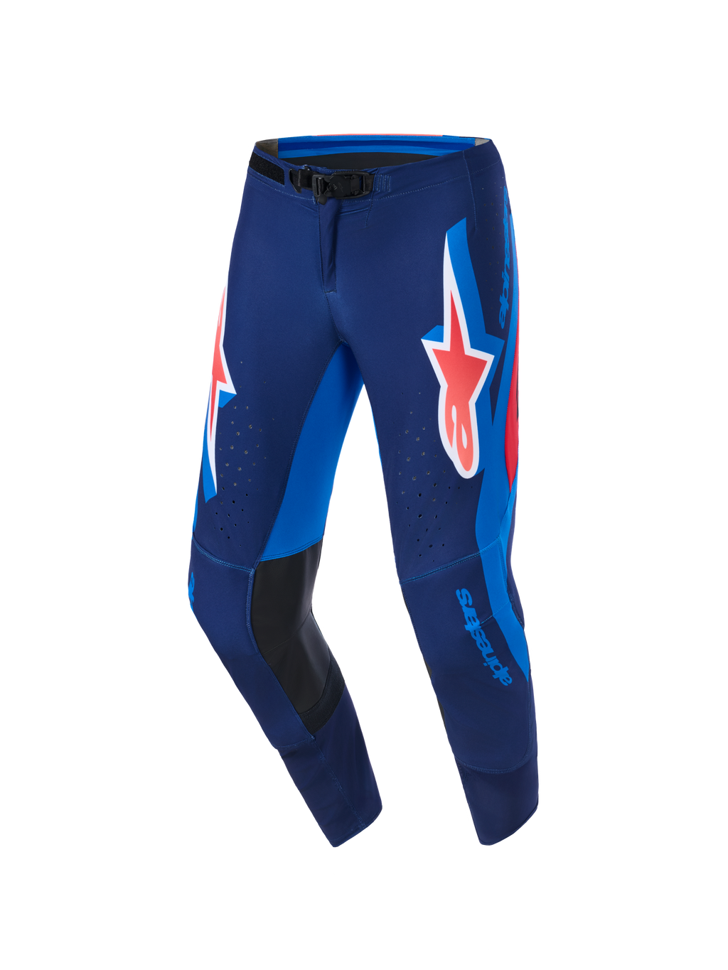 Alpinestars 2026 Supertech Vista Pants, pantaloni da motocross, blu scuro, corallo acceso e cobalto, caratterizzati da un grande logo Astars corallo sulle cosce, pannelli laterali blu brillante, rinforzi interni alle ginocchia in pelle nera e perforazioni laser per la ventilazione, progettati per prestazioni d'élite.