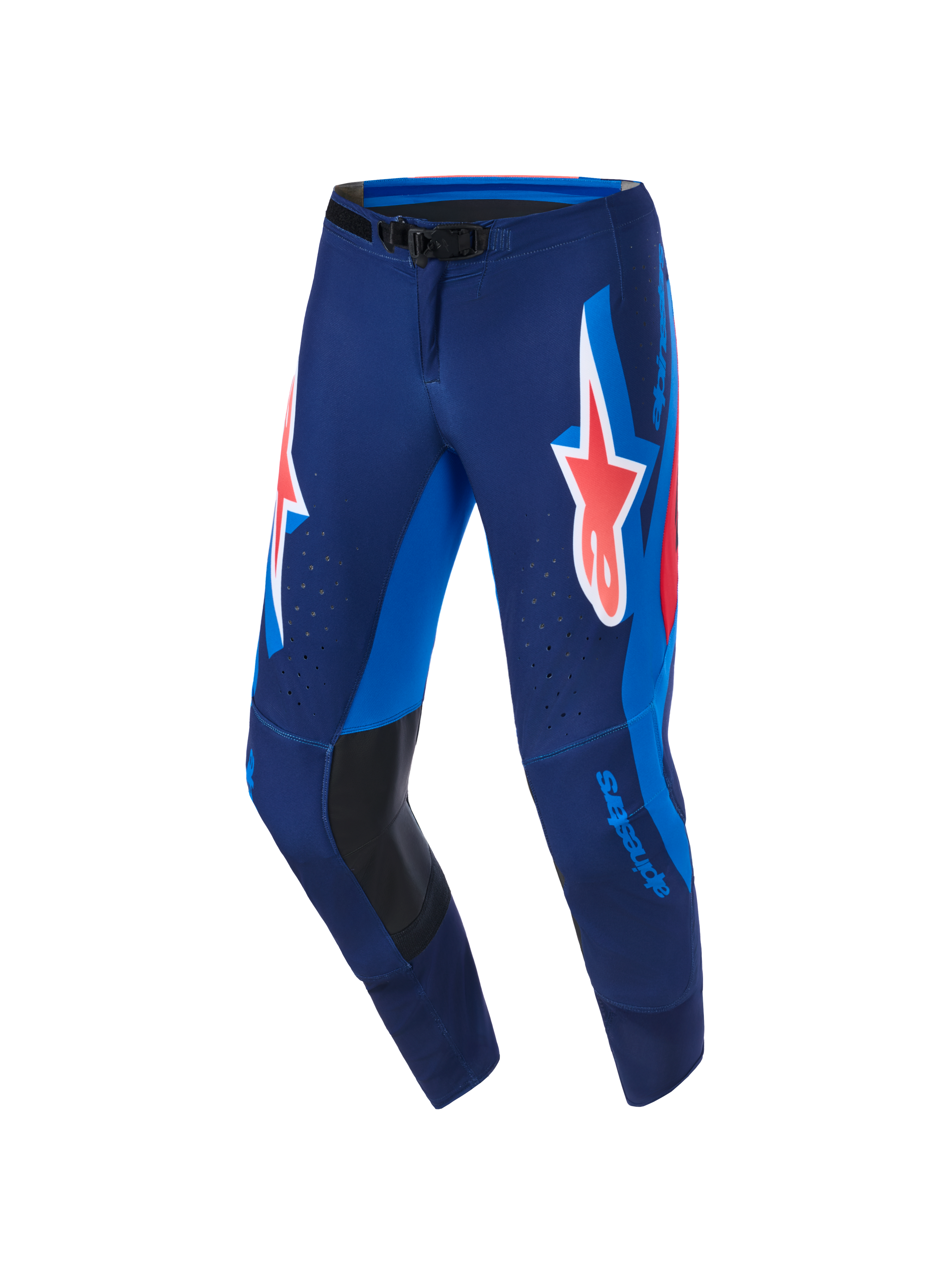 Alpinestars 2026 Supertech Vista Pants, pantaloni da motocross, blu scuro, corallo acceso e cobalto, caratterizzati da un grande logo Astars corallo sulle cosce, pannelli laterali blu brillante, rinforzi interni alle ginocchia in pelle nera e perforazioni laser per la ventilazione, progettati per prestazioni d'élite.
