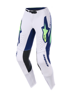 Alpinestars 2026 Supertech Vista Pants, pantaloni da motocross, grigio chiaro, giallo fluo e blu, grafiche blu con loghi a stella giallo neon, pannelli interni alle ginocchia in pelle nera, fori di ventilazione tagliati al laser e vestibilità atletica
