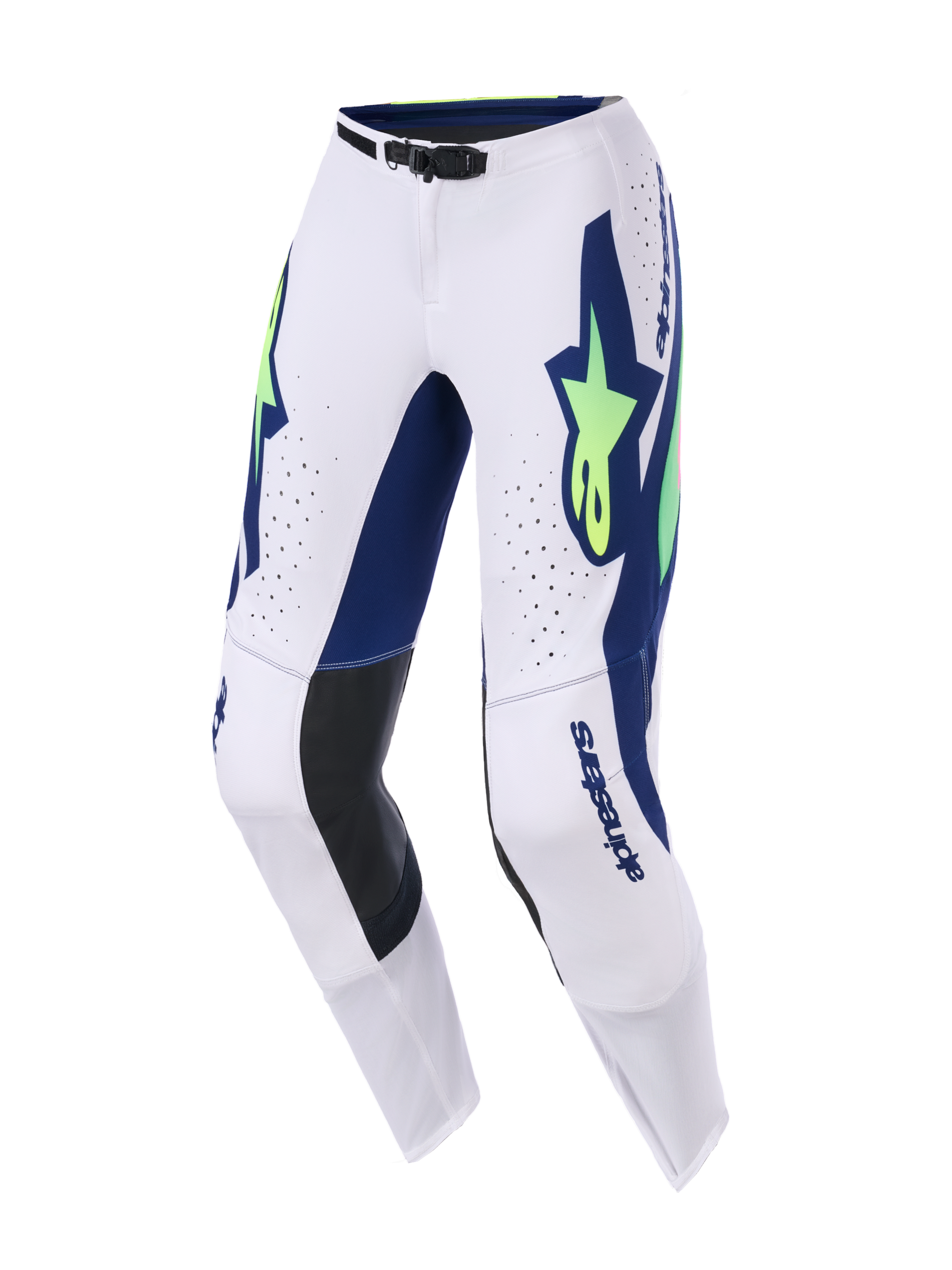 Alpinestars 2026 Supertech Vista Pants, pantaloni da motocross, grigio chiaro, giallo fluo e blu, grafiche blu con loghi a stella giallo neon, pannelli interni alle ginocchia in pelle nera, fori di ventilazione tagliati al laser e vestibilità atletica