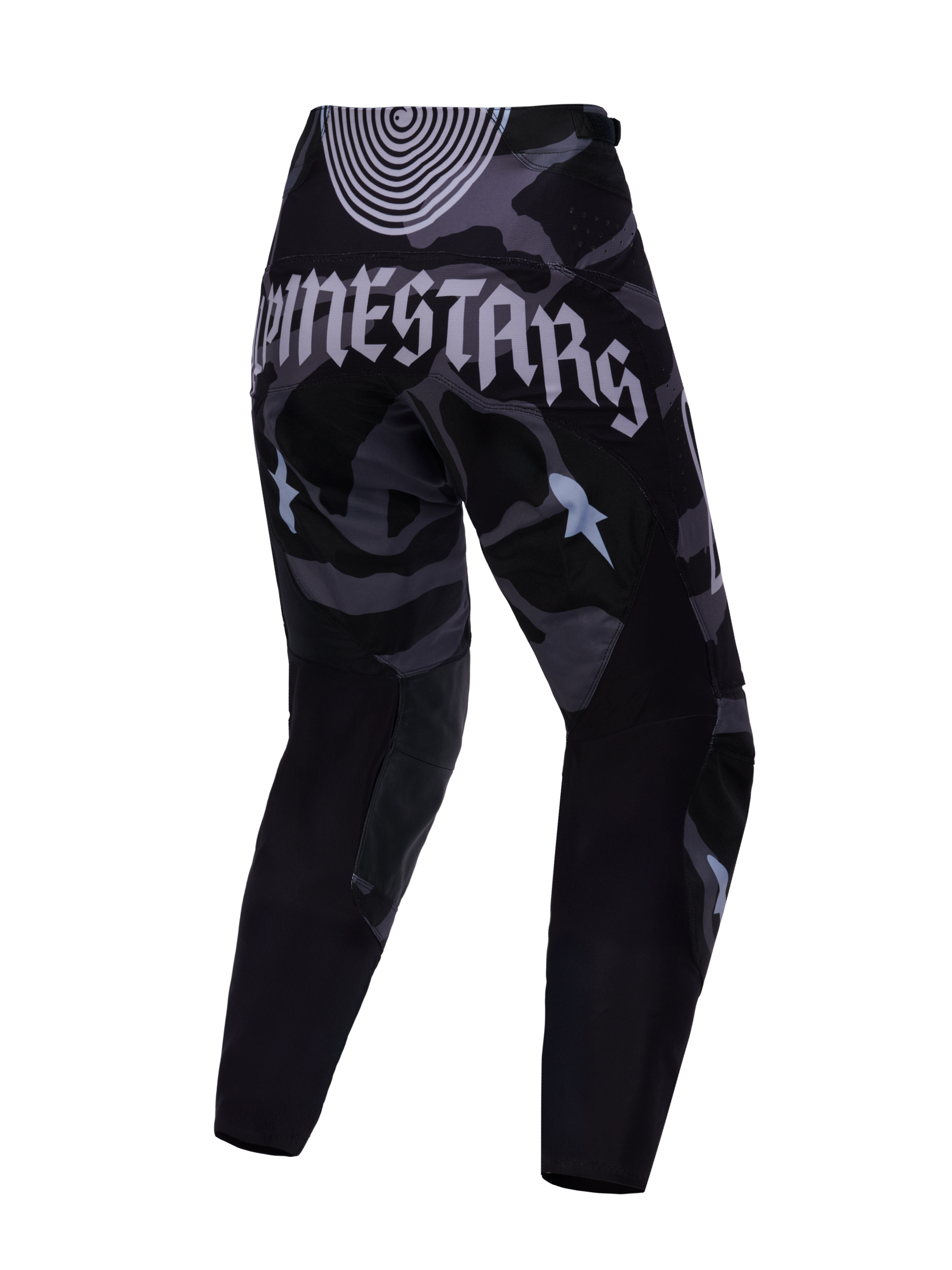 Pantaloni Alpinestars Techstar Beast Coast Edizione Limitata, retro nero e grigio con grafica gotica per il motocross.