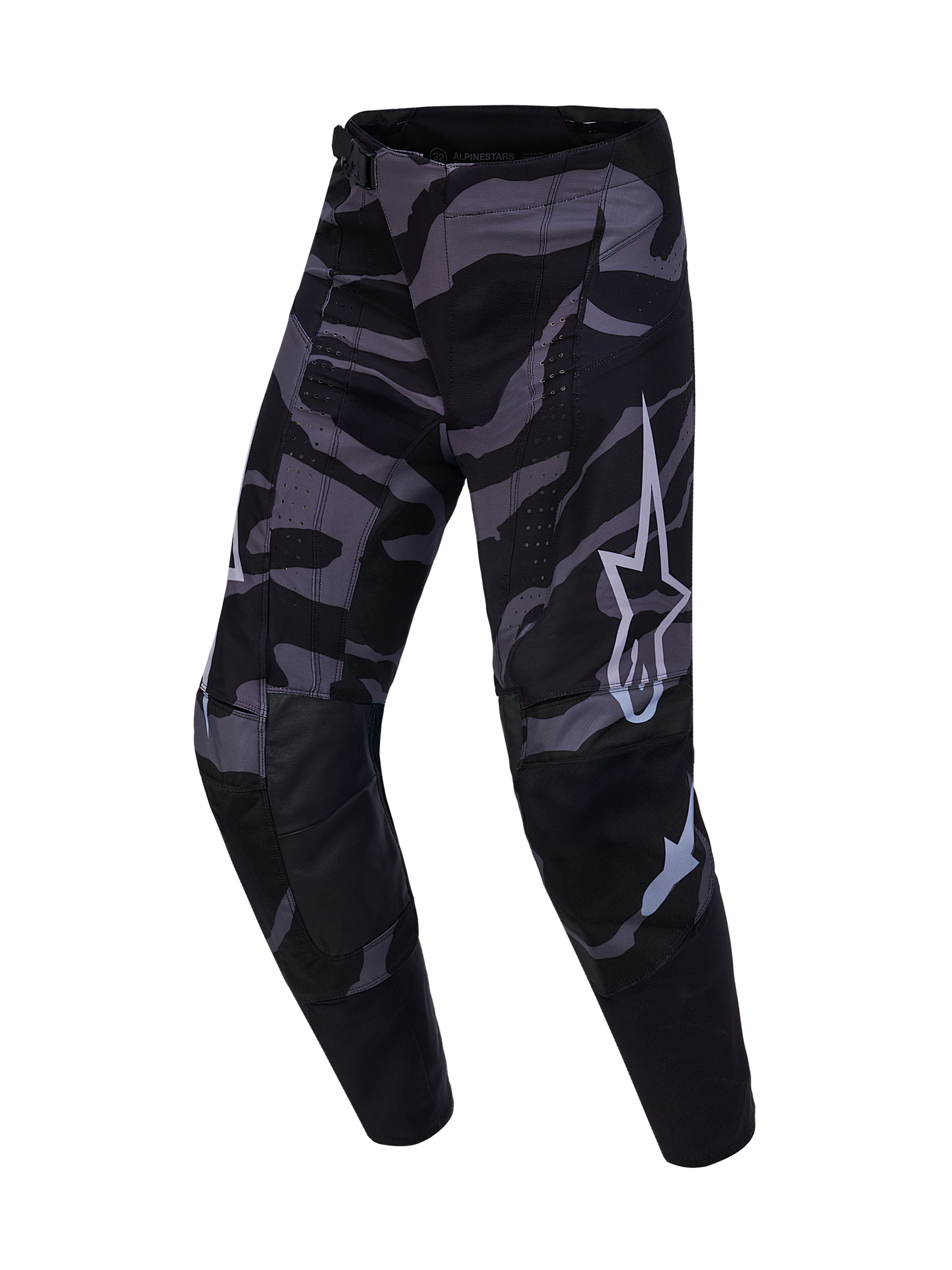 Pantaloni Techstar Beast Coast Alpinestars Edizione Limitata, camo nero e grigio con logo Astars, abbigliamento tecnico MX.