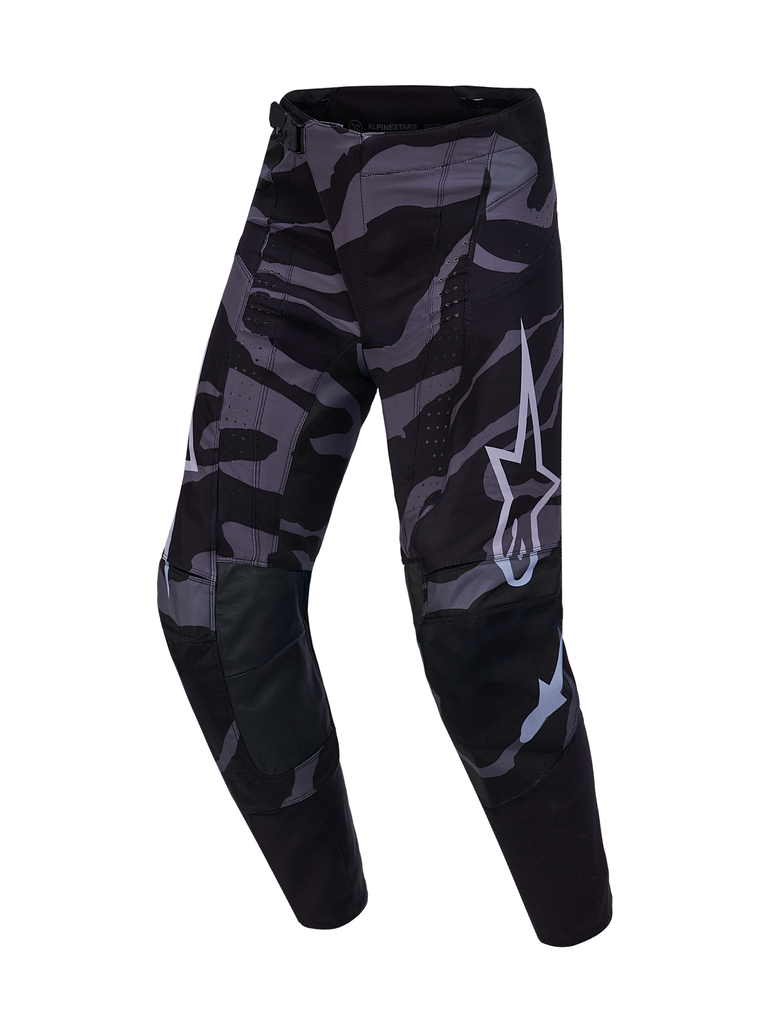 Pantaloni Techstar Beast Coast Alpinestars Edizione Limitata, camo nero e grigio con logo Astars, abbigliamento tecnico MX.