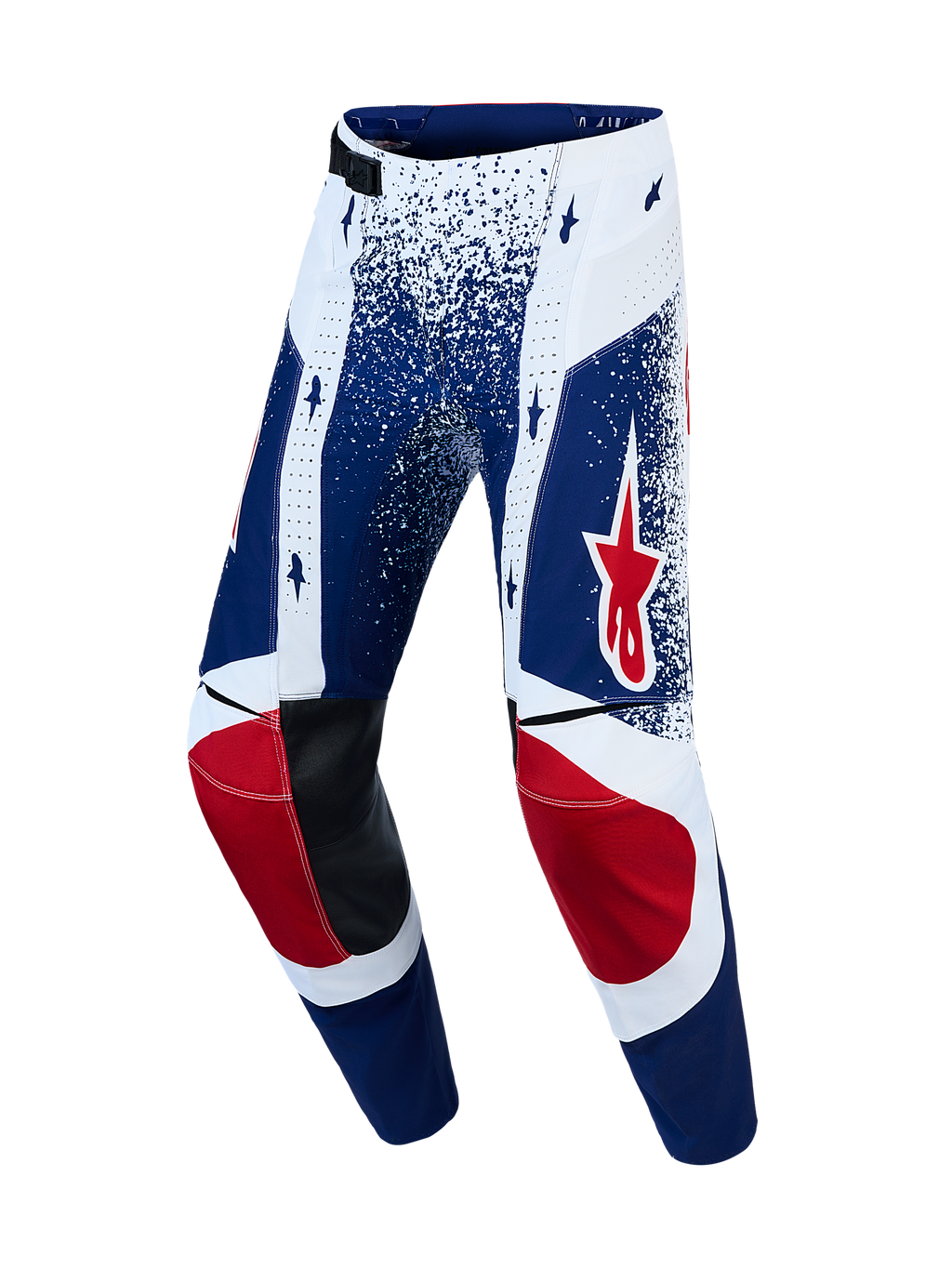 Alpinestars Techstar Unity pantaloni, pantaloni da motocross per uomo, edizione limitata, blu, bianchi e rossi, pelle nera.
