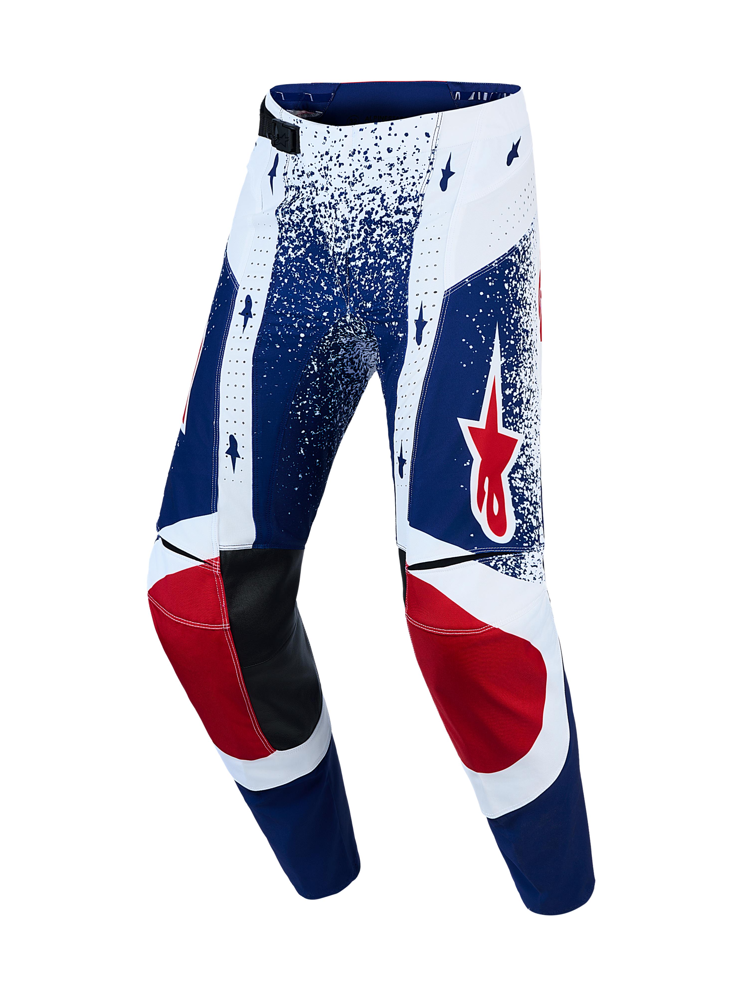 Alpinestars Techstar Unity pantaloni, pantaloni da motocross per uomo, edizione limitata, blu, bianchi e rossi, pelle nera.