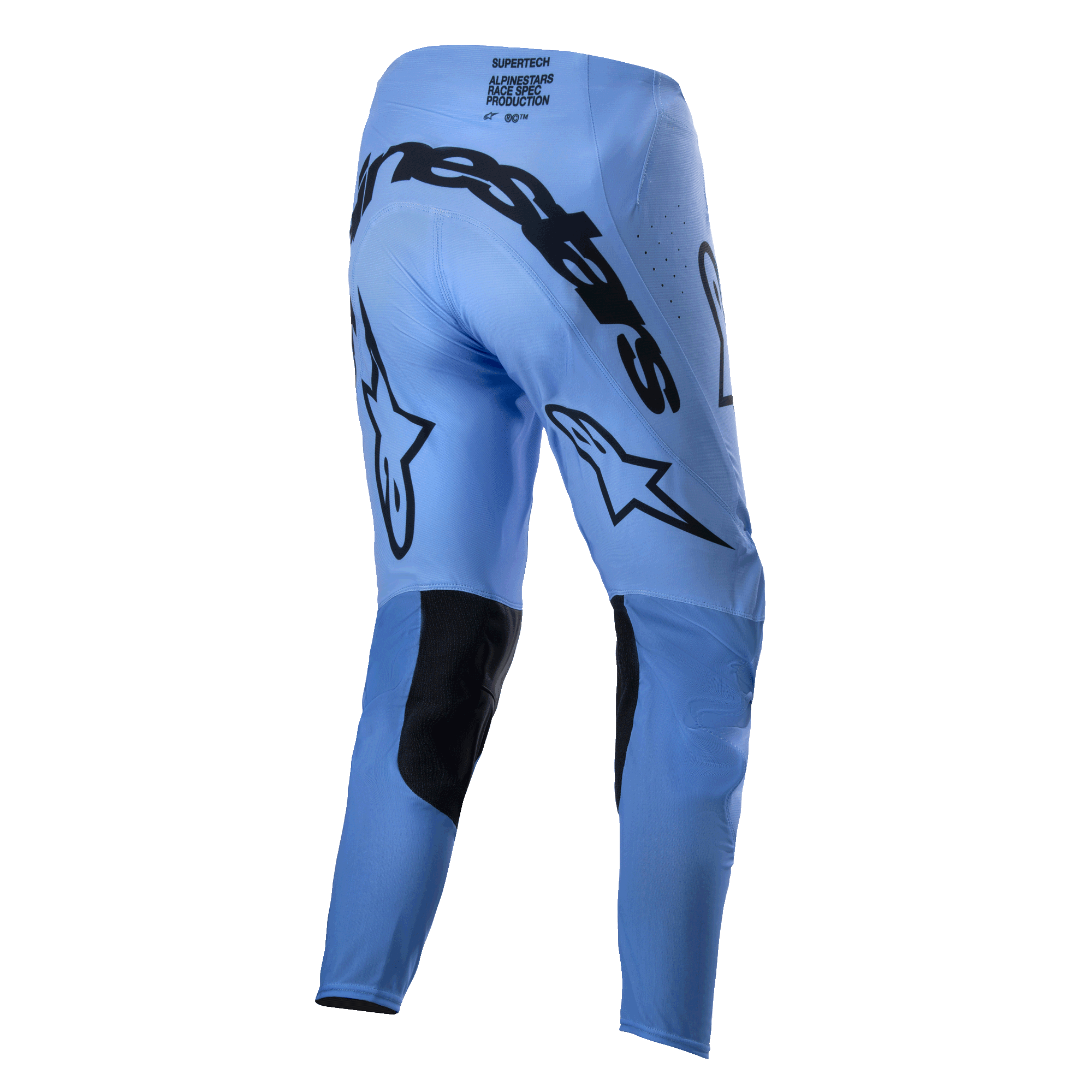 Alpinestars Pantaloni Supertech Dade 2024, pantaloni da motocross, azzurro, vista posteriore che mostra il grande marchio Alpinestars nero sulla seduta, loghi a stella sul retro delle gambe, pannelli rinforzati neri all'interno delle ginocchia e zone di ventilazione traforate.