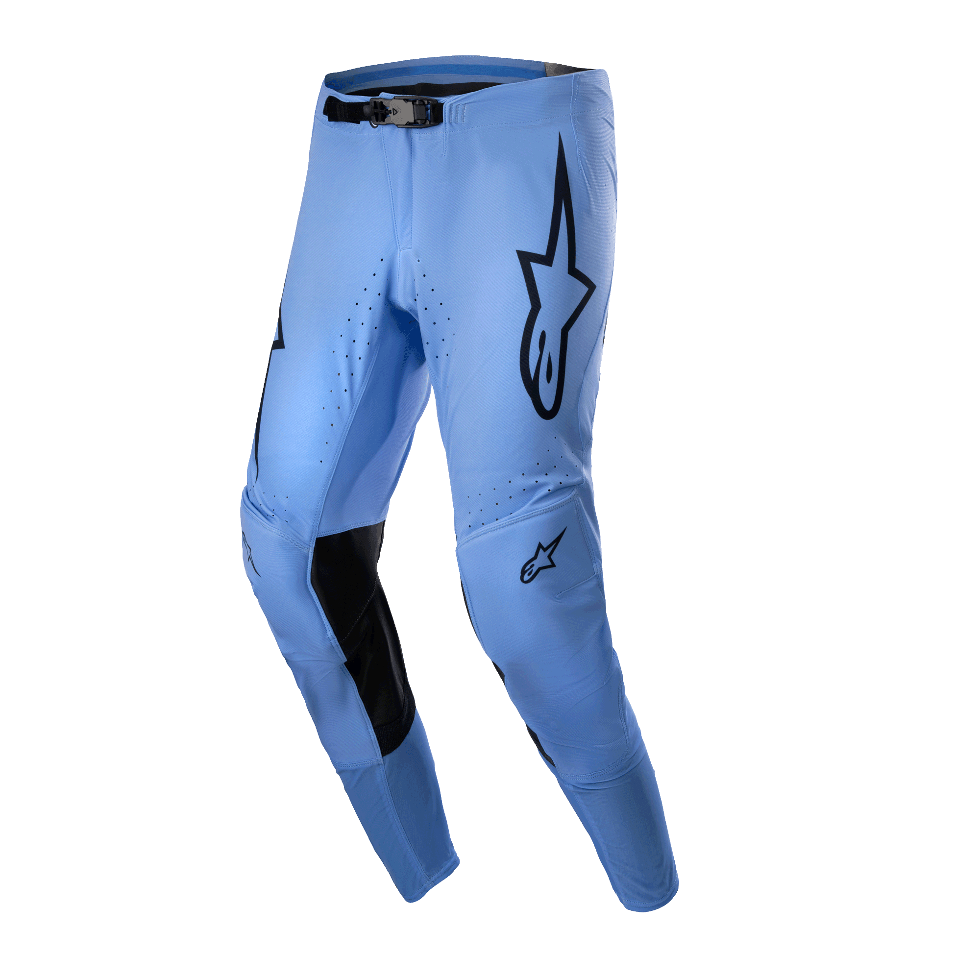 Alpinestars 2024 Supertech Dade Pants, pantaloni da motocross, blu chiaro, con loghi a stella neri sulle cosce, rinforzi interni neri sulle ginocchia, fori di ventilazione e design con vestibilità atletica da gara per prestazioni off-road