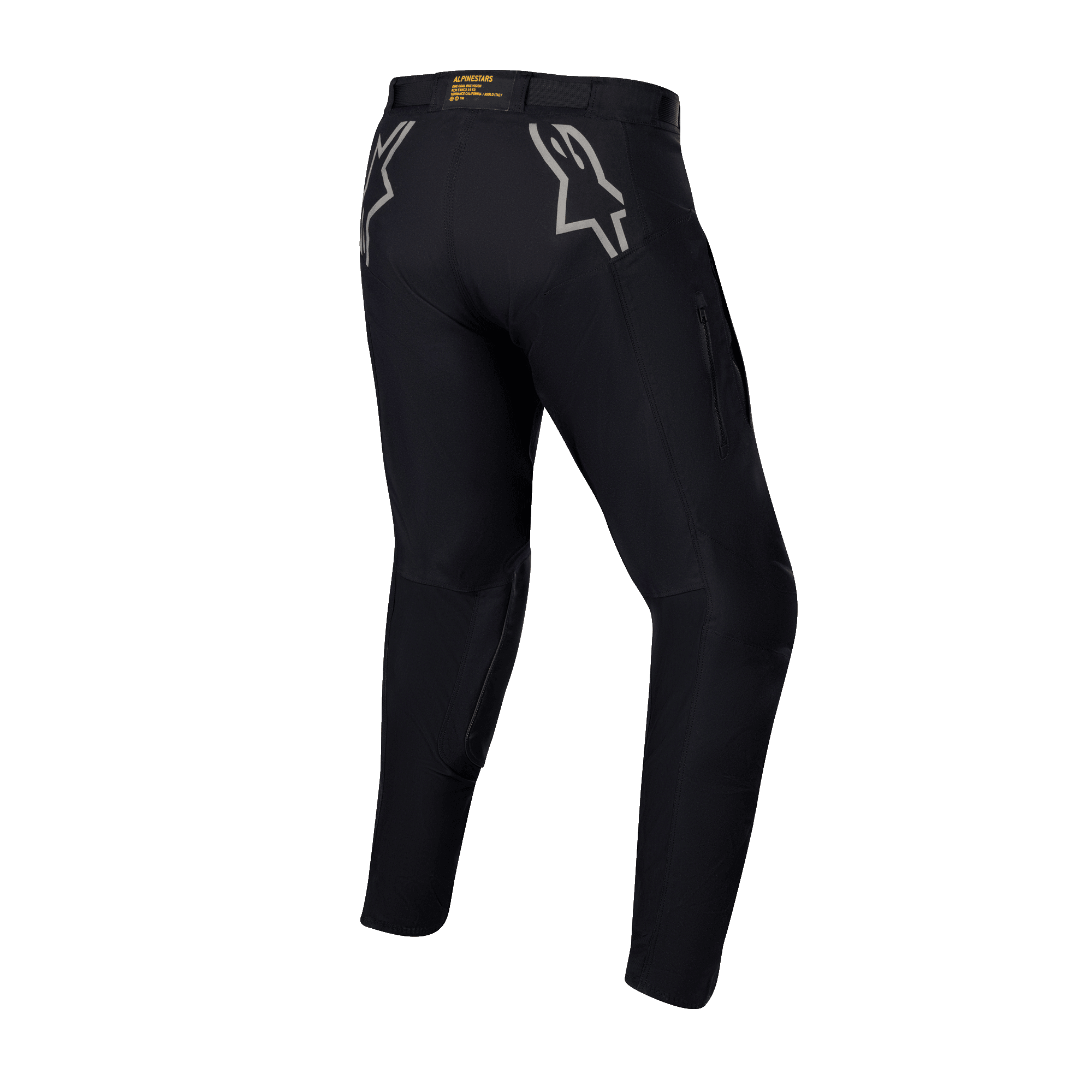 Alpinestars Techdura Pants, pantaloni da enduro e off-road neri, vista posteriore con loghi a stella grigi sui fianchi, marchio giallo sulla fascia in vita posteriore, robusto materiale in poliammide elasticizzata con design resistente per la guida in moto