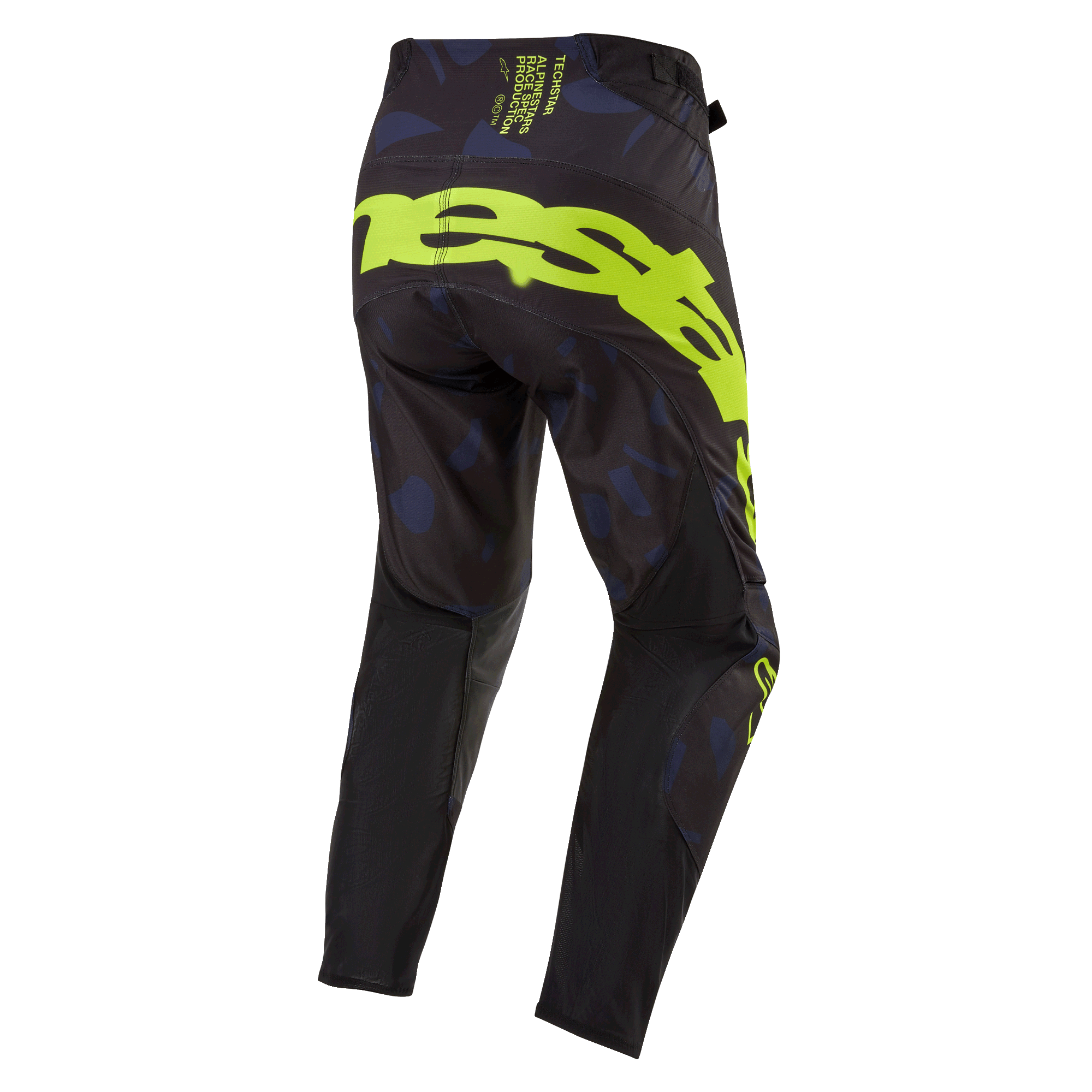 Alpinestars Pantaloni Techstar Rantera 2024, pantaloni da motocross, nero, blu navy e giallo fluo, vista posteriore con logo giallo fluo sulla seduta, pannelli blu navy e tessuto tecnico nero per corse fuoristrada