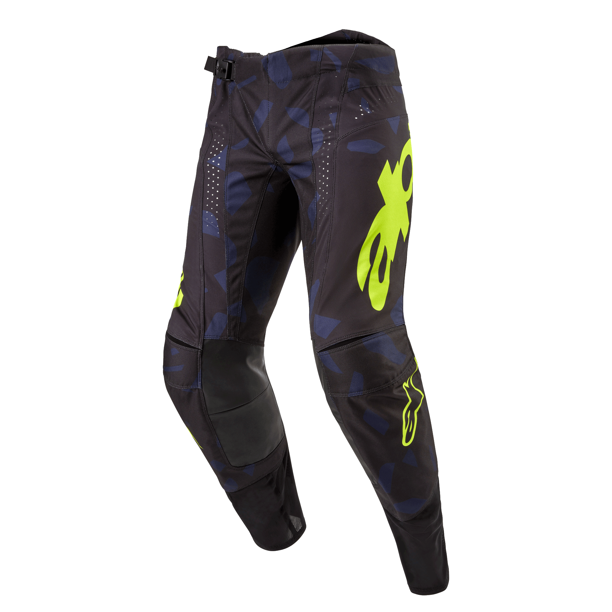 Alpinestars 2024 Techstar Rantera Pants, pantaloni da motocross, nero, navy e giallo fluo, con loghi gialli vivaci, perforazioni laser per la ventilazione e pannelli rinforzati sulle ginocchia, design ispirato alle corse