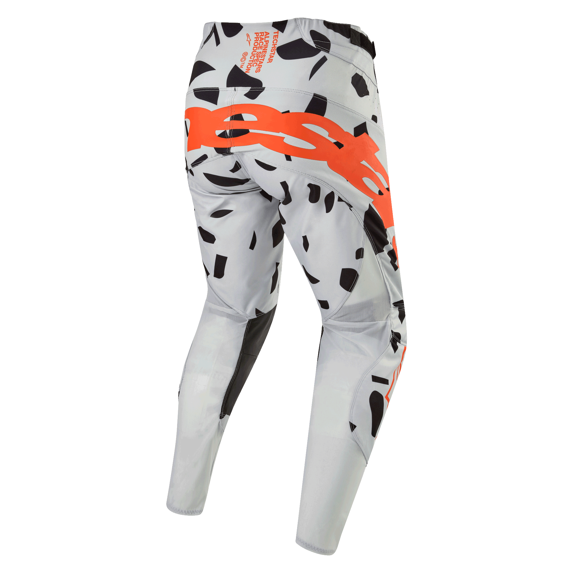 Alpinestars 2024 Techstar Rantera Pants, pantaloni da motocross, Haze Gray Camo, vista posteriore con un grande logo arancione sulla seduta, motivi grafici neri su tessuto grigio, design atletico per prestazioni fuoristrada