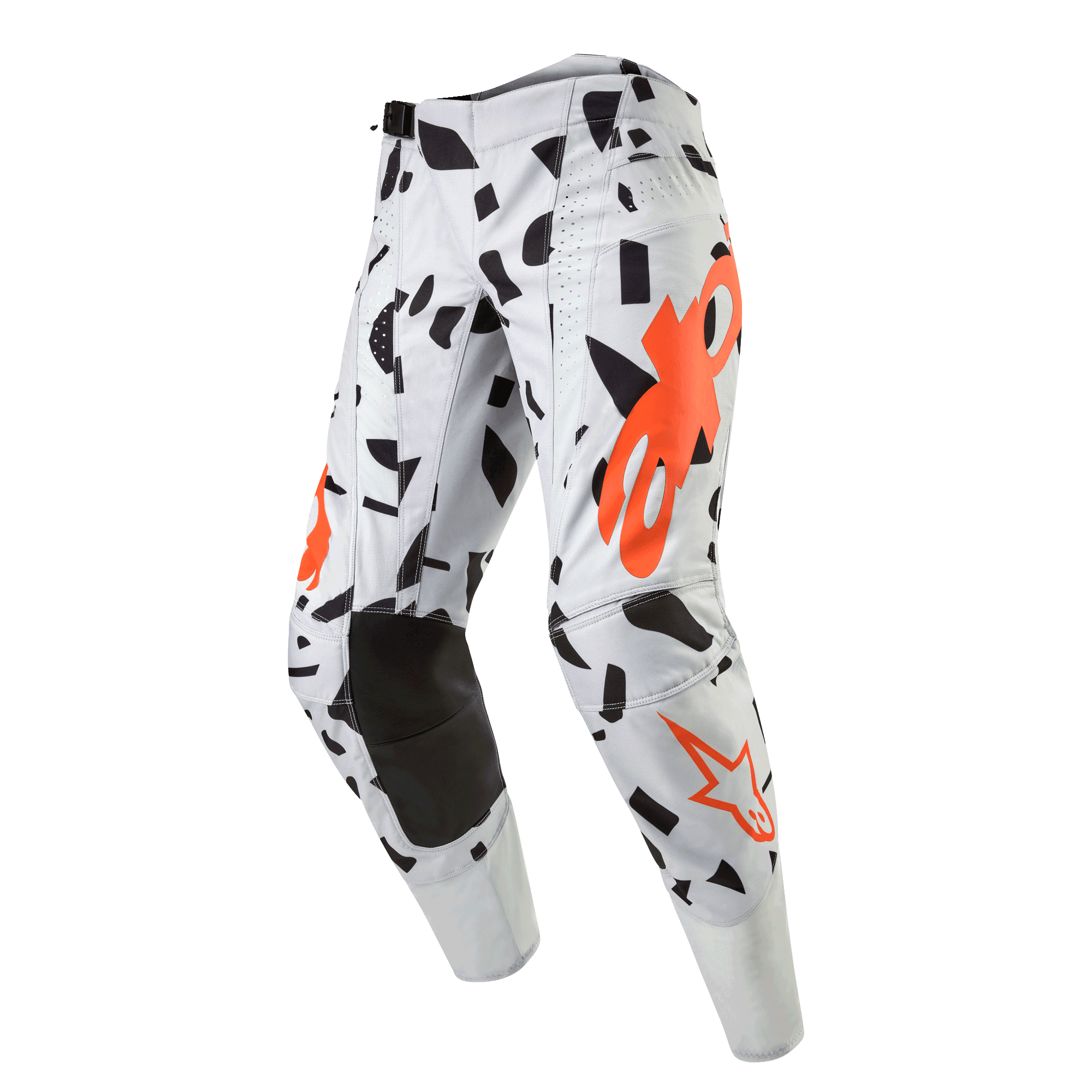 Alpinestars 2024 Techstar Rantera Pants, pantaloni da motocross, Haze Gray Camo, grigio chiaro con forme astratte nere e loghi arancioni, ginocchia rinforzate nere, equipaggiamento professionale per fuoristrada