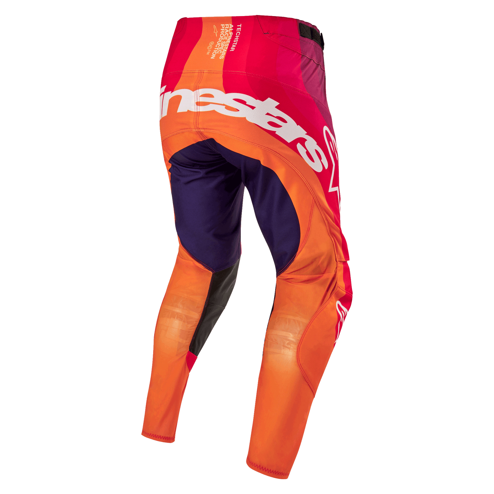 Alpinestars 2024 Techstar Pneuma Pants, pantaloni da motocross, viola, arancione e blu, vista posteriore con grande logo bianco, abbigliamento protettivo per fuoristrada
