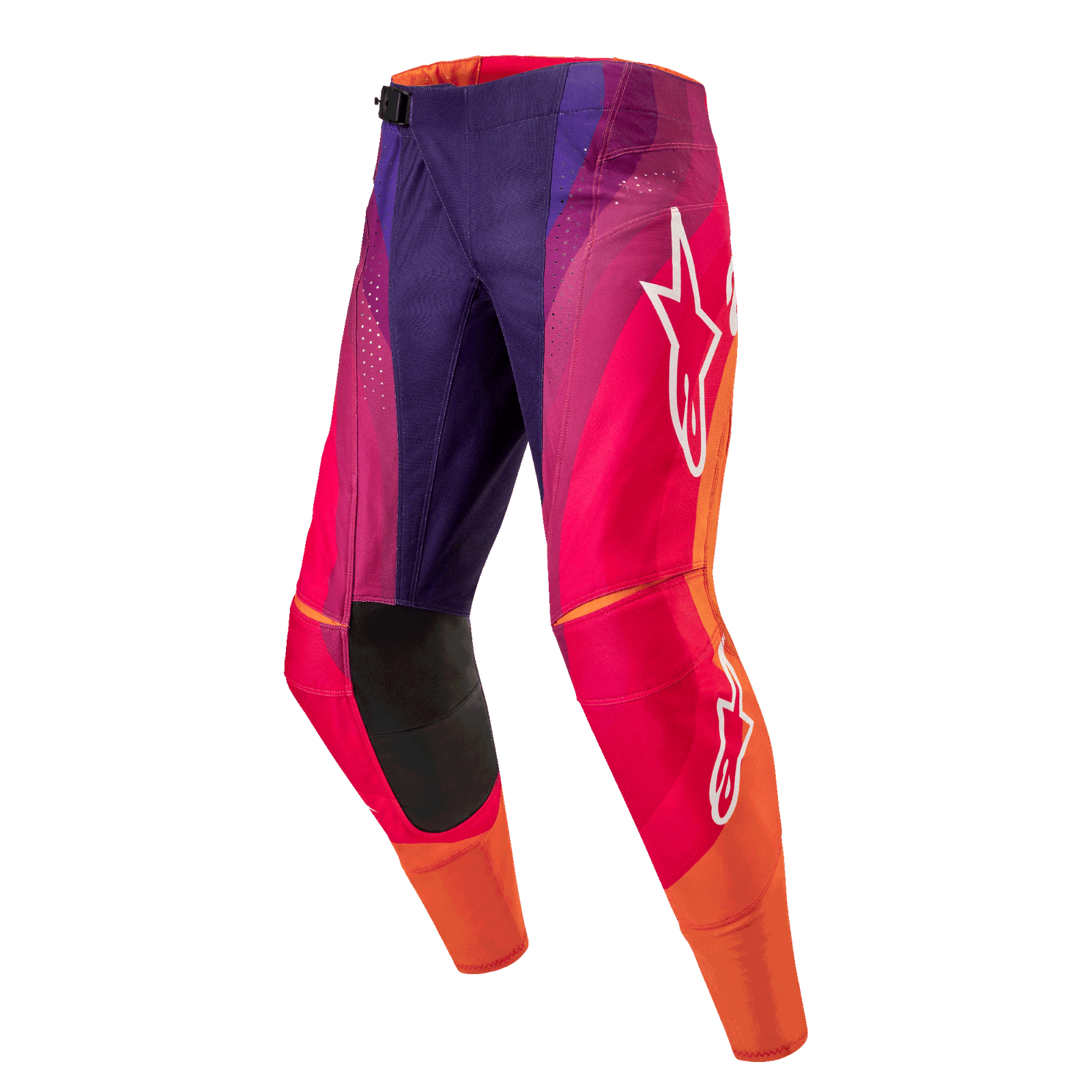 Alpinestars 2024 Techstar Pneuma Pants, pantaloni da motocross, viola con accenti arancioni e blu, loghi Alpinestars bianchi, equipaggiamento protettivo per fuoristrada