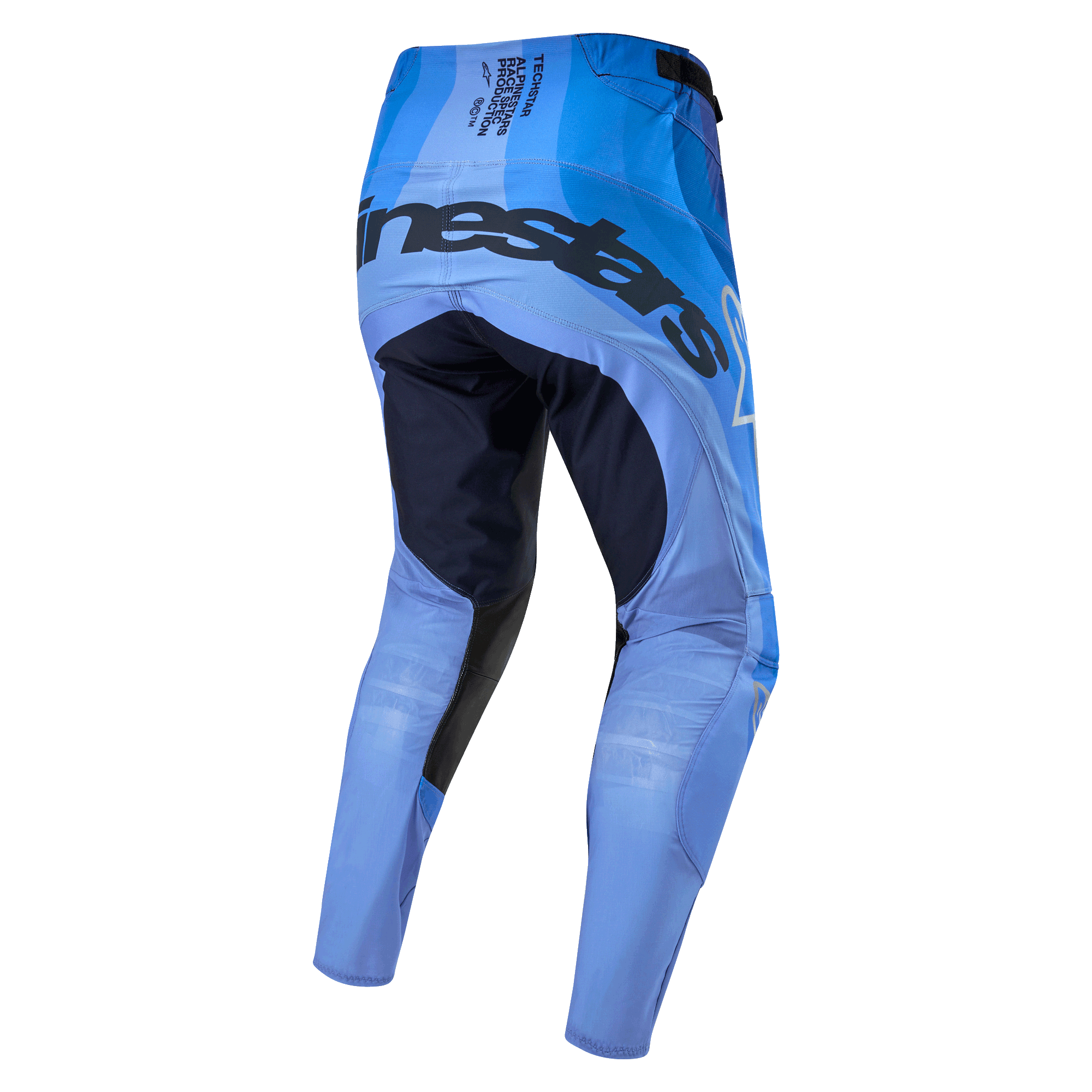Alpinestars 2024 Techstar Pneuma Pants, pantaloni da motocross, blu scuro e azzurro, vista posteriore con marchio evidente sulla seduta, pannelli rinforzati nell'interno coscia blu scuro e struttura leggera azzurra per prestazioni off-road
