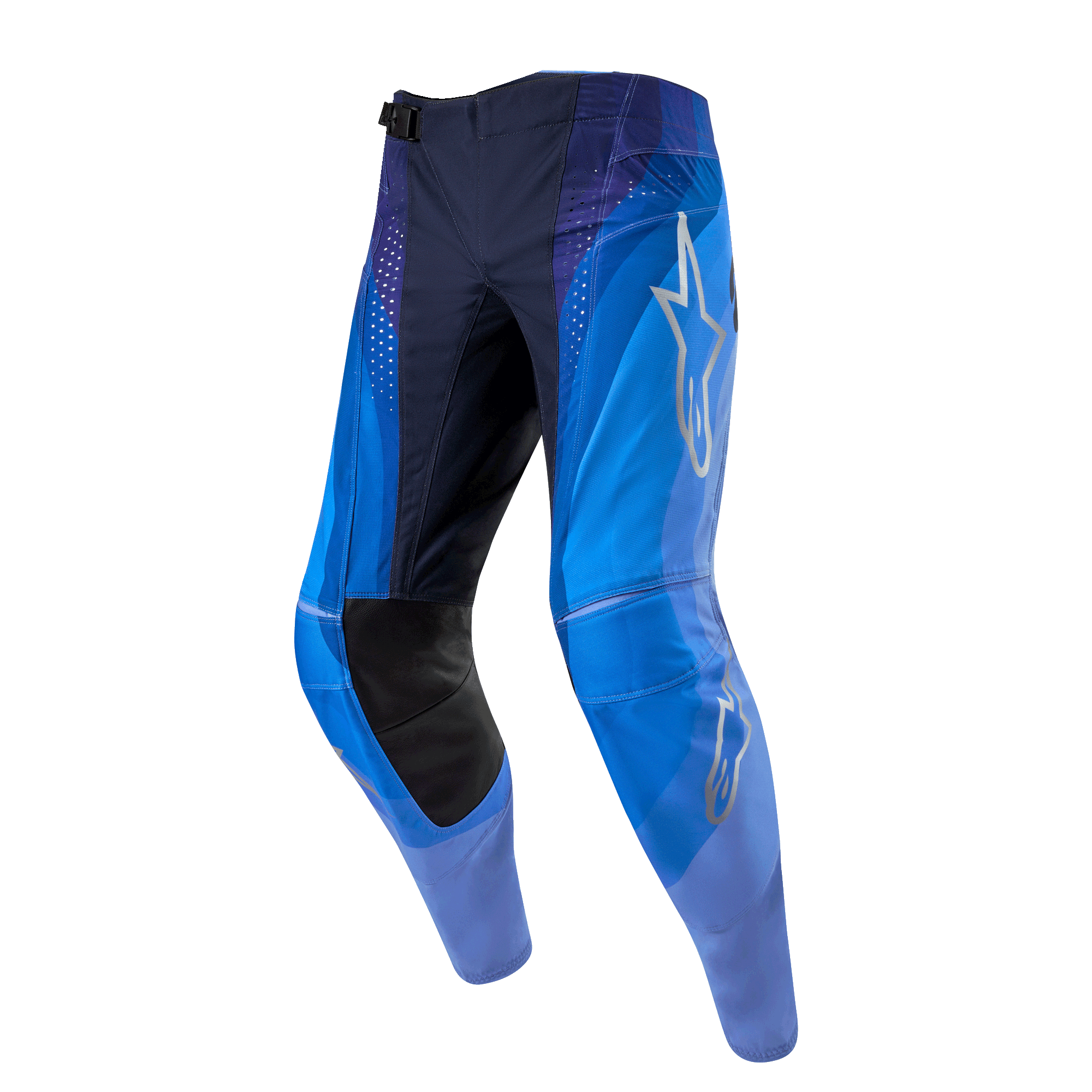 Alpinestars 2024 Techstar Pneuma Pants, pantaloni da motocross, blu scuro e blu chiaro, con logo Alpinestars argento sulla coscia, inserti interni alle ginocchia in pelle nera e perforazioni di ventilazione tagliate al laser